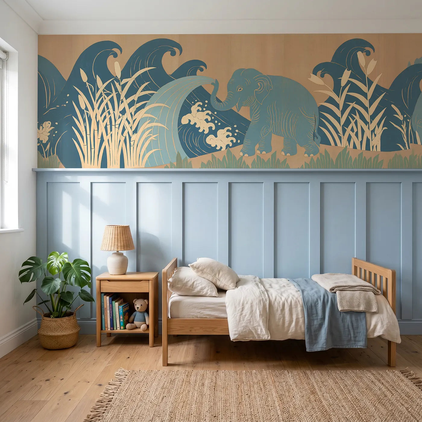 Block print wainscoting wallpaper of a carved elephant splashing water for playrooms by Whimsy Tots