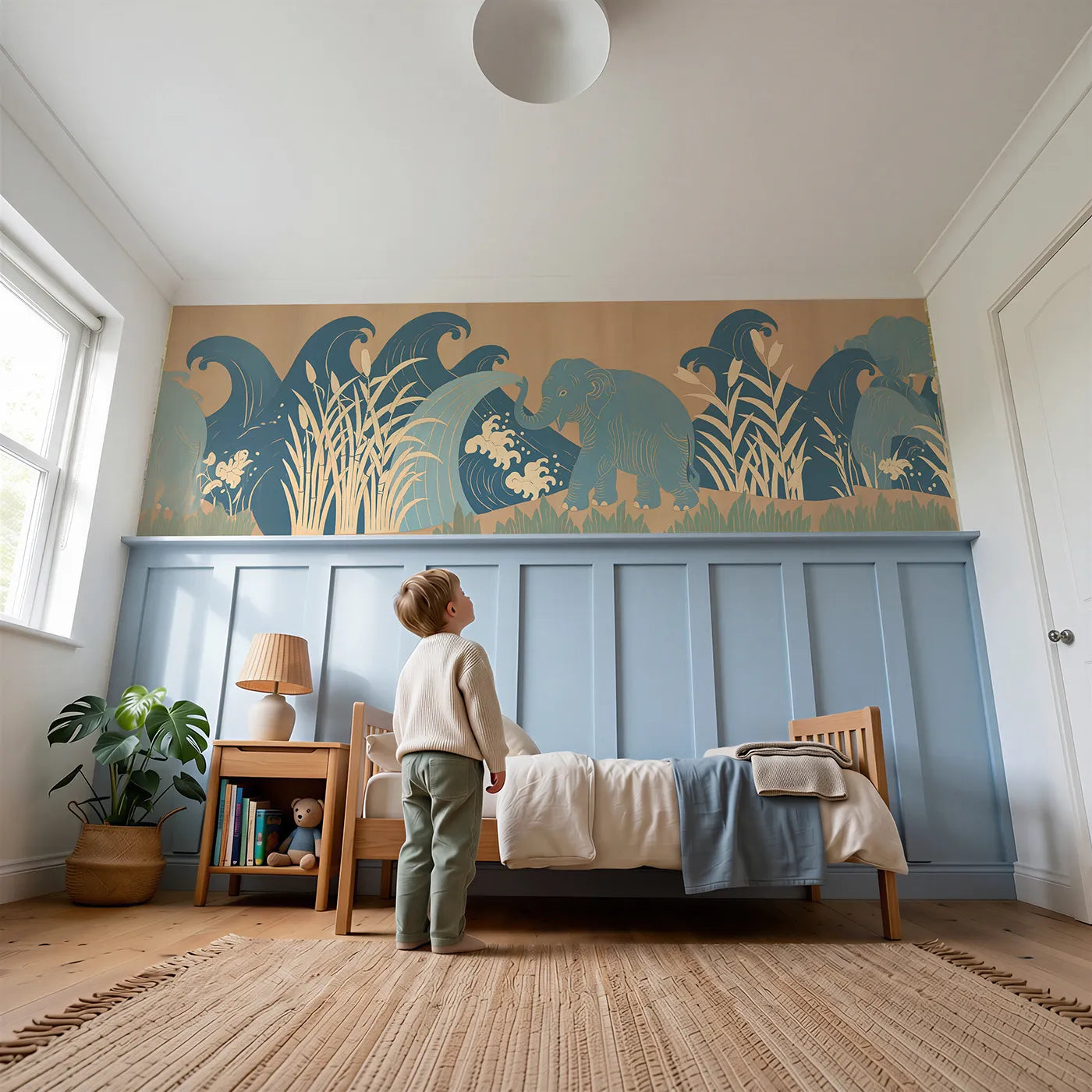Child reading near Carved Elephant River Splash Wainscoting Wallpaper by Whimsy Tots