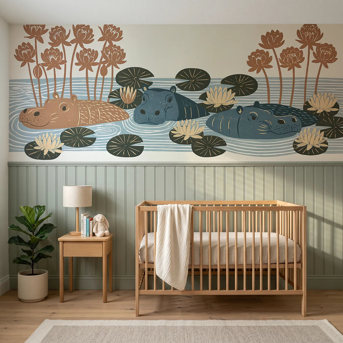 Block print wainscoting mural of carved hippos in a lily pool for playrooms by Whimsy Tots