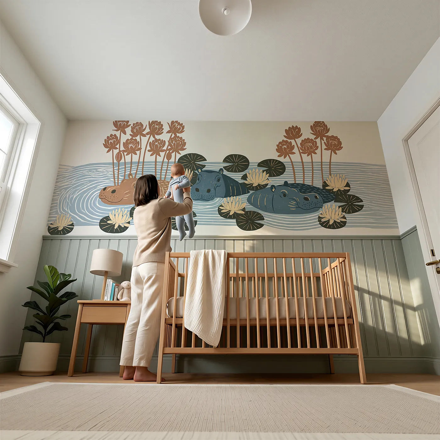 Child reading near Carved Hippo Lily Pool Wainscoting Wallpaper by Whimsy Tots