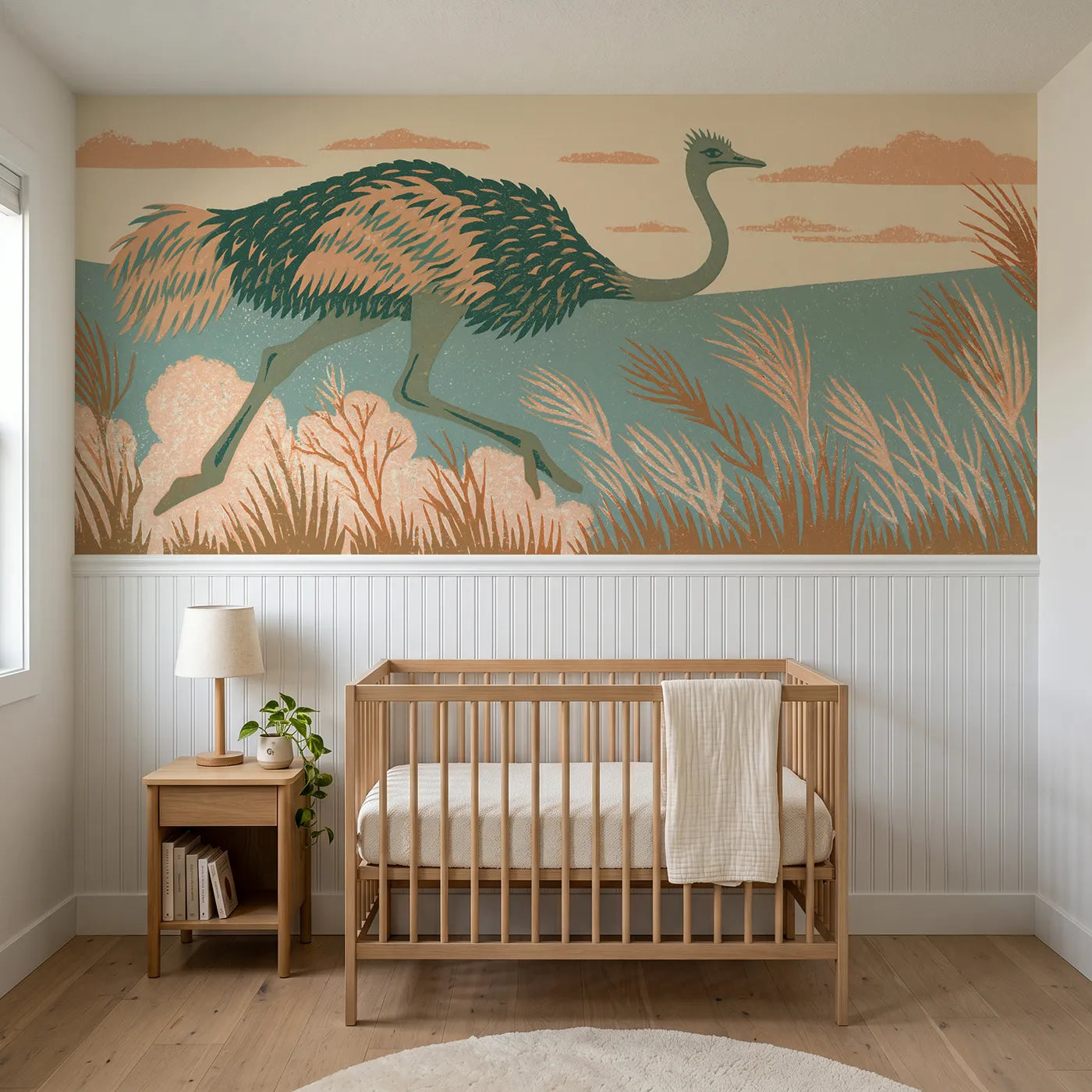 Block print wainscoting wallpaper of a carved ostrich running for a kids room by Whimsy Tots