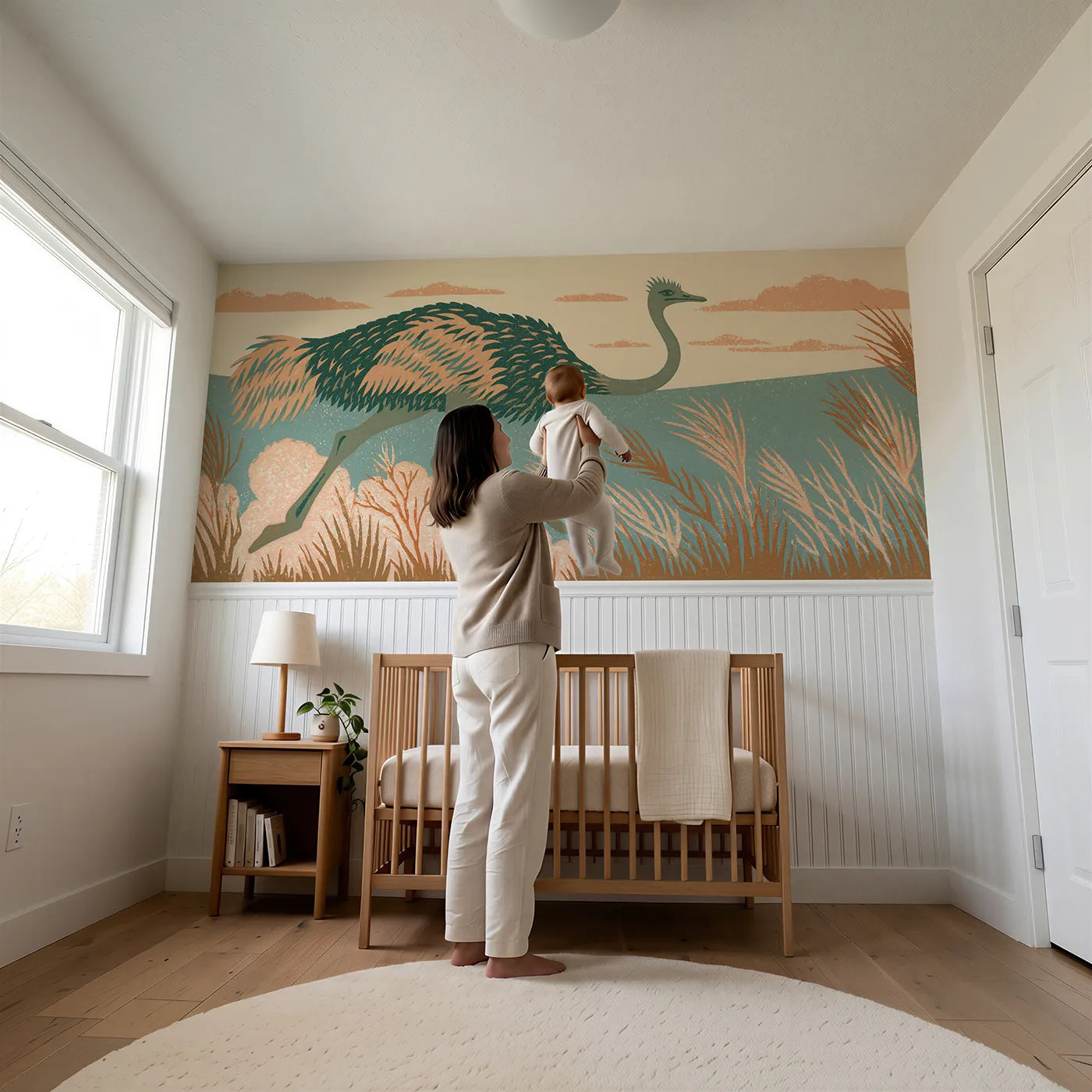 Child reading near Carved Ostrich Run Wainscoting Wallpaper by Whimsy Tots