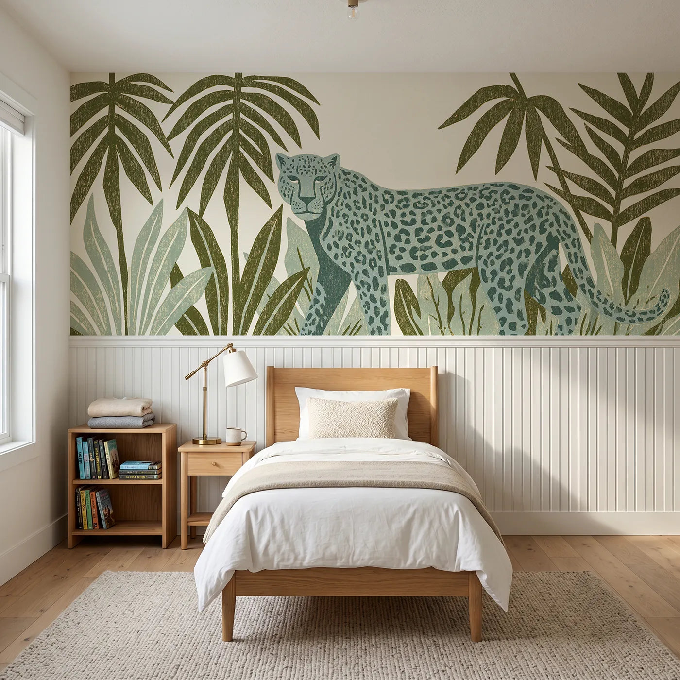 Block print wainscoting wallpaper of a carved leopard among jungle fronds by Whimsy Tots