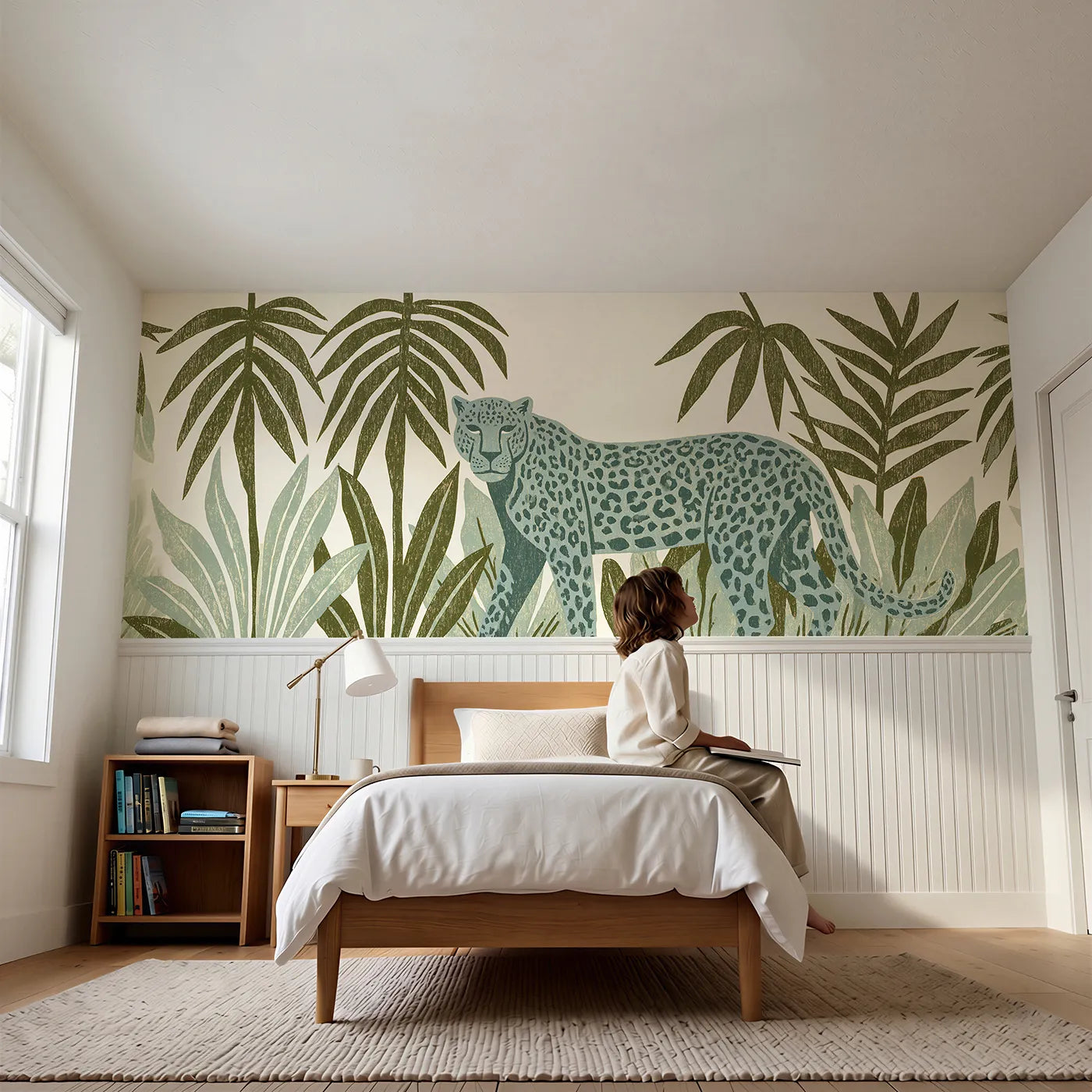Child reading near Carved Leopard Jungle Shade Wainscoting Wallpaper by Whimsy Tots