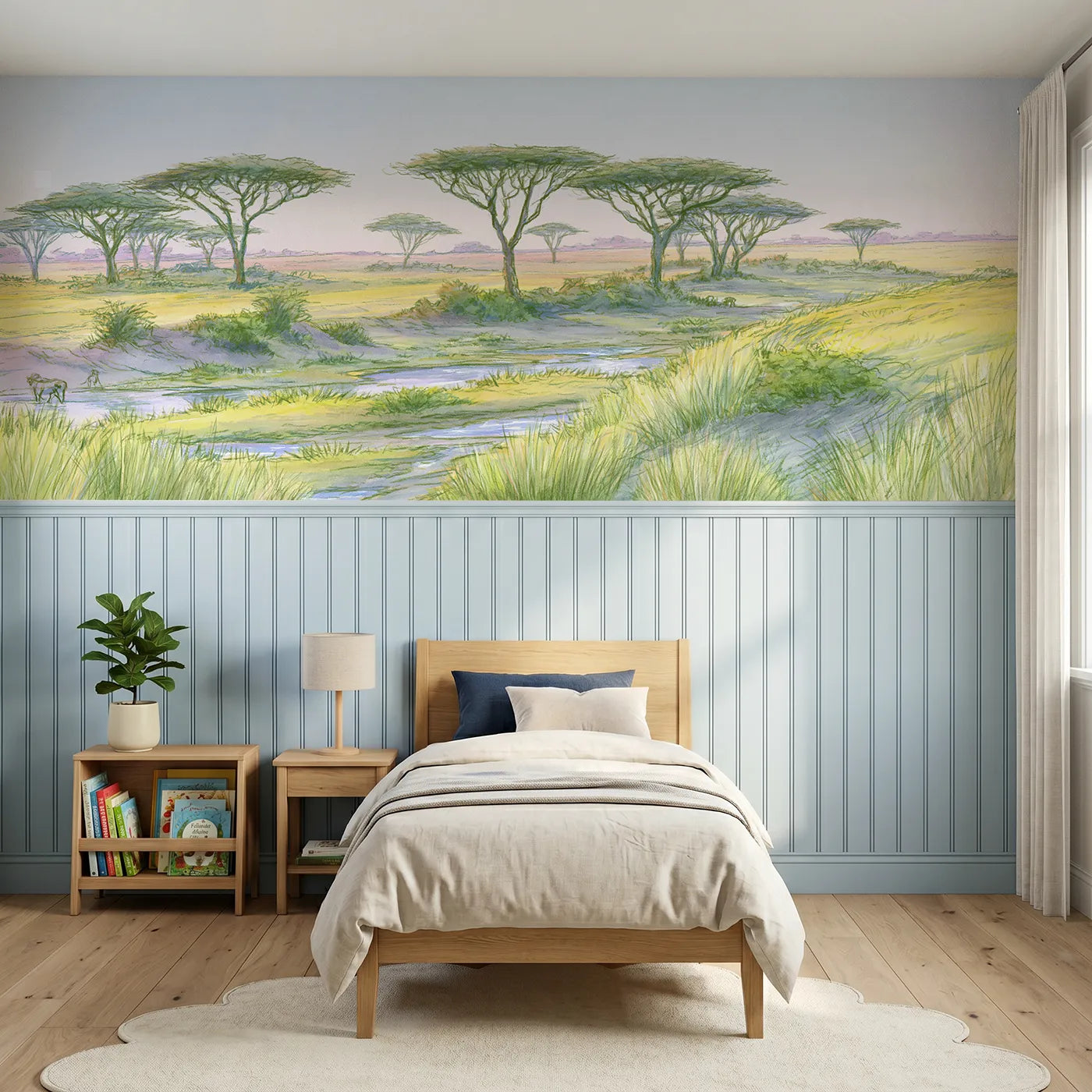 Colored pencil wainscoting wallpaper of a savanna after rain for a kids bedroom by Whimsy Tots