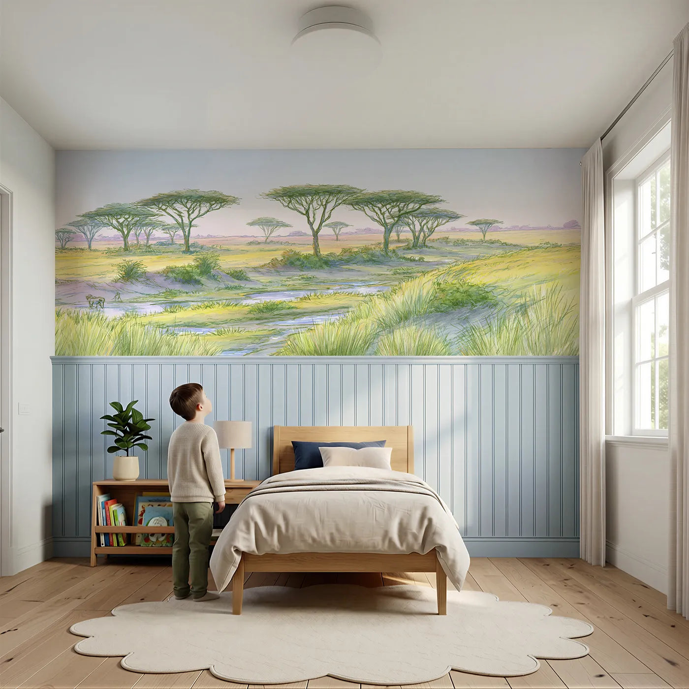 Child reading near After Rain Savanna Light Wainscoting Wallpaper by Whimsy Tots