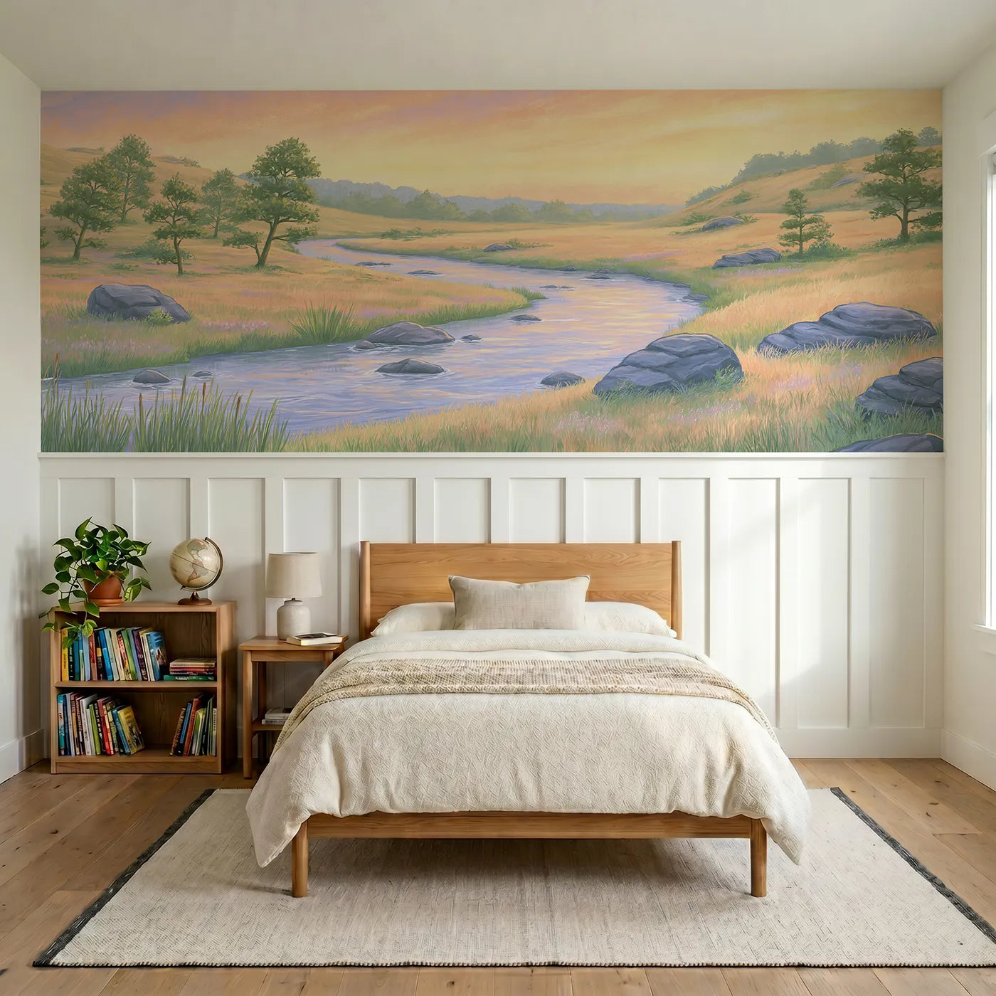 Colored pencil wainscoting wallpaper of a valley and stream at daybreak for bedrooms by Whimsy Tots