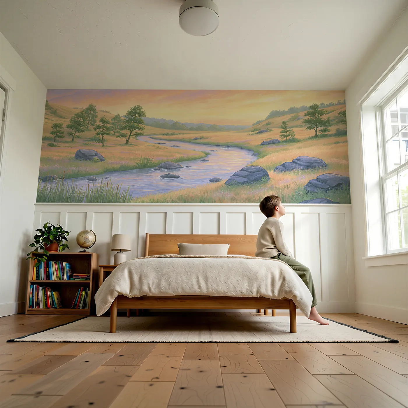 Child reading near Valley Clear Daybreak Wainscoting Wallpaper by Whimsy Tots