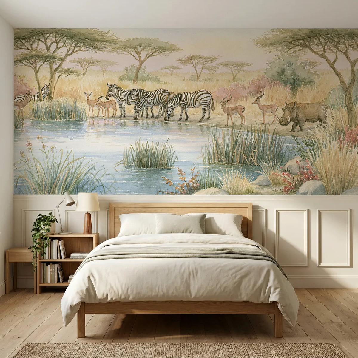 Storybook wainscoting mural of animals at a morning waterhole for a kids room by Whimsy Tots