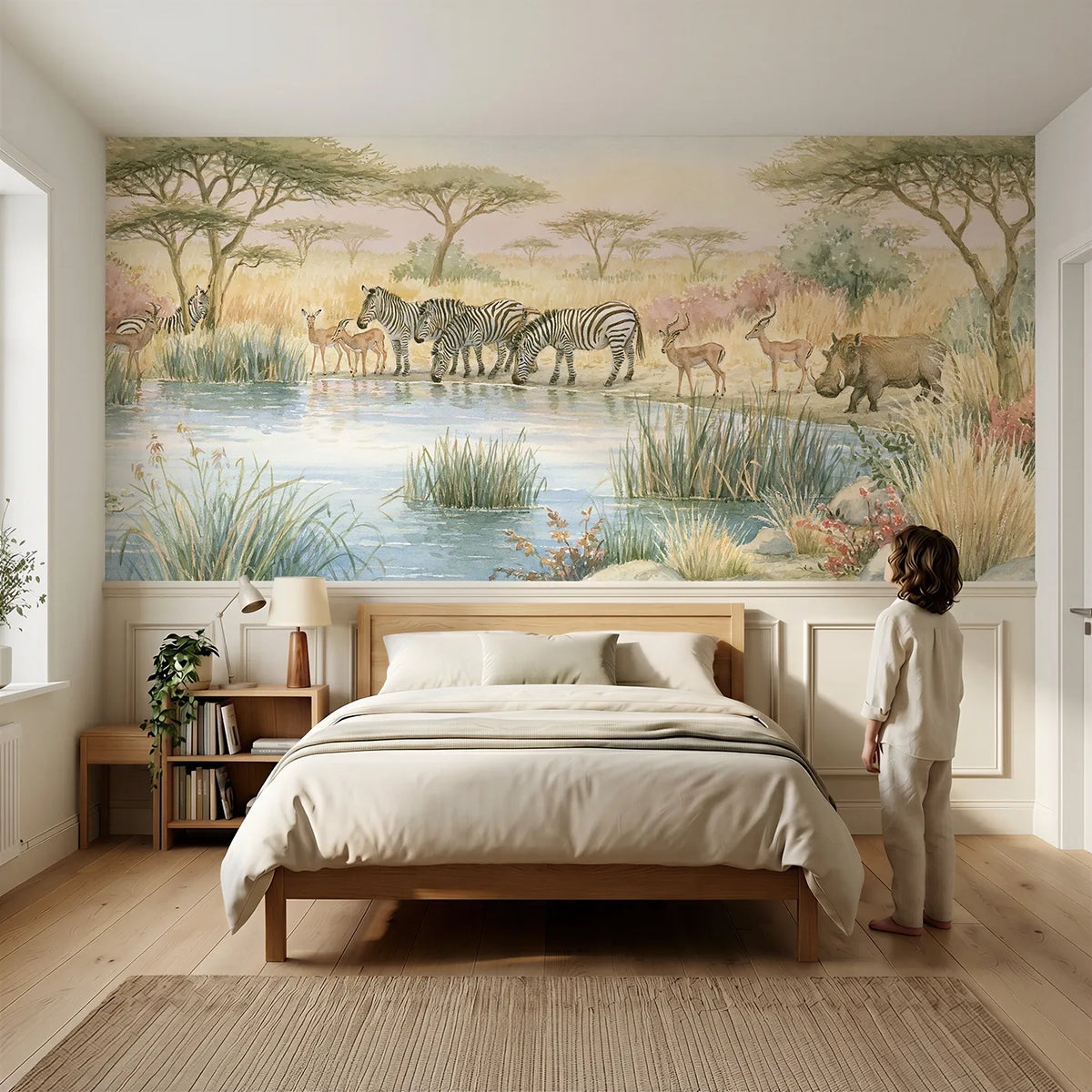 Child reading near Morning At The Waterhole Wainscoting Wallpaper by Whimsy Tots