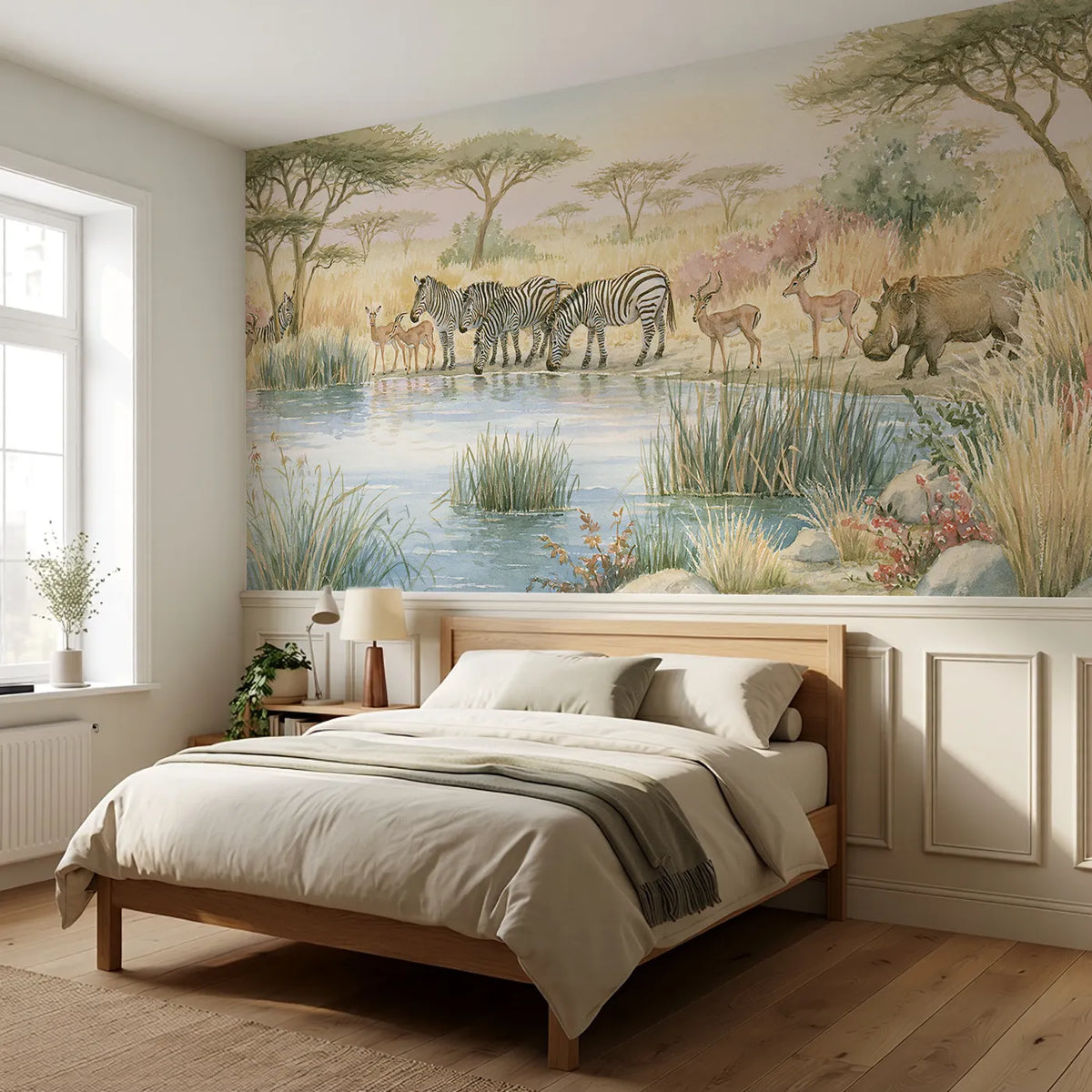 Morning At The Waterhole Wainscoting Wallpaper styled in a kids room by Whimsy Tots