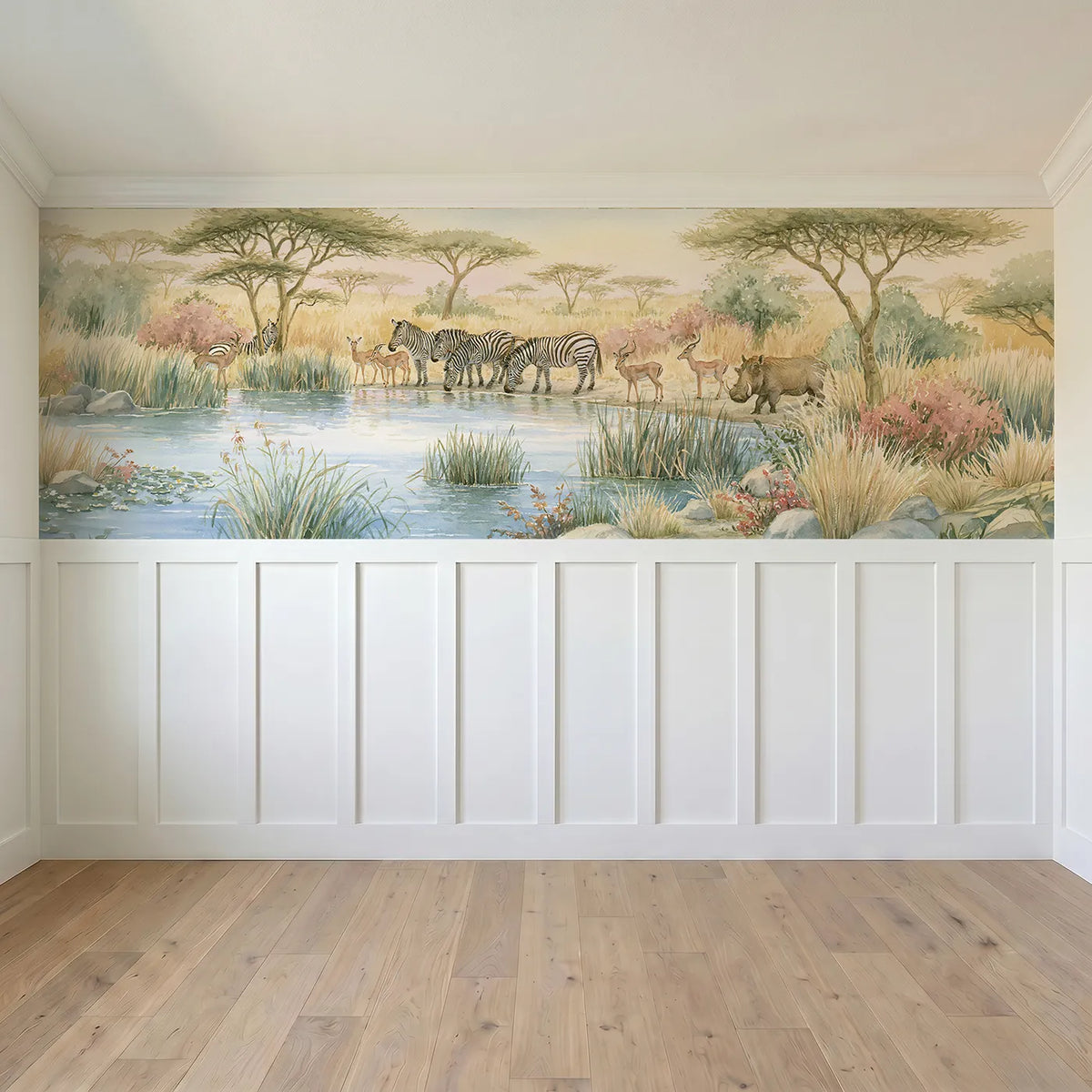 Full panel view of Morning At The Waterhole Wainscoting Wallpaper by Whimsy Tots
