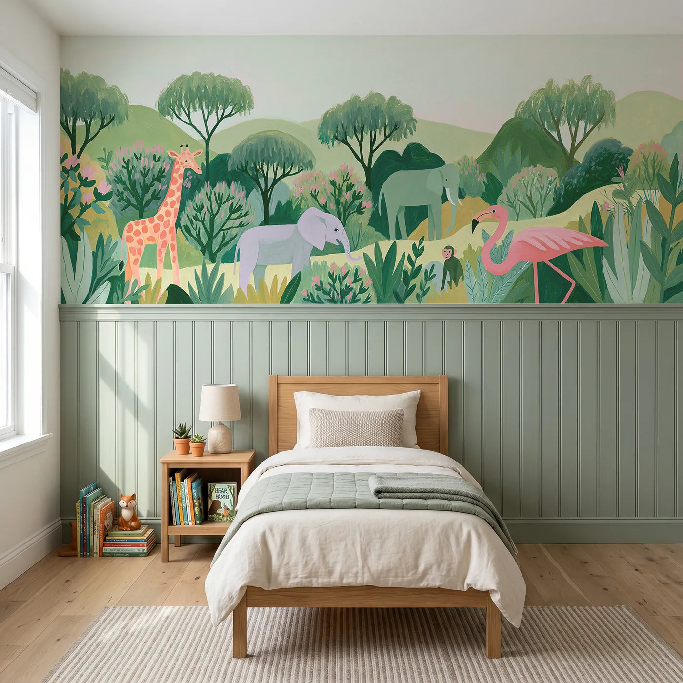 Modern illustration wainscoting wallpaper of baby zoo animals for toddler rooms by Whimsy Tots