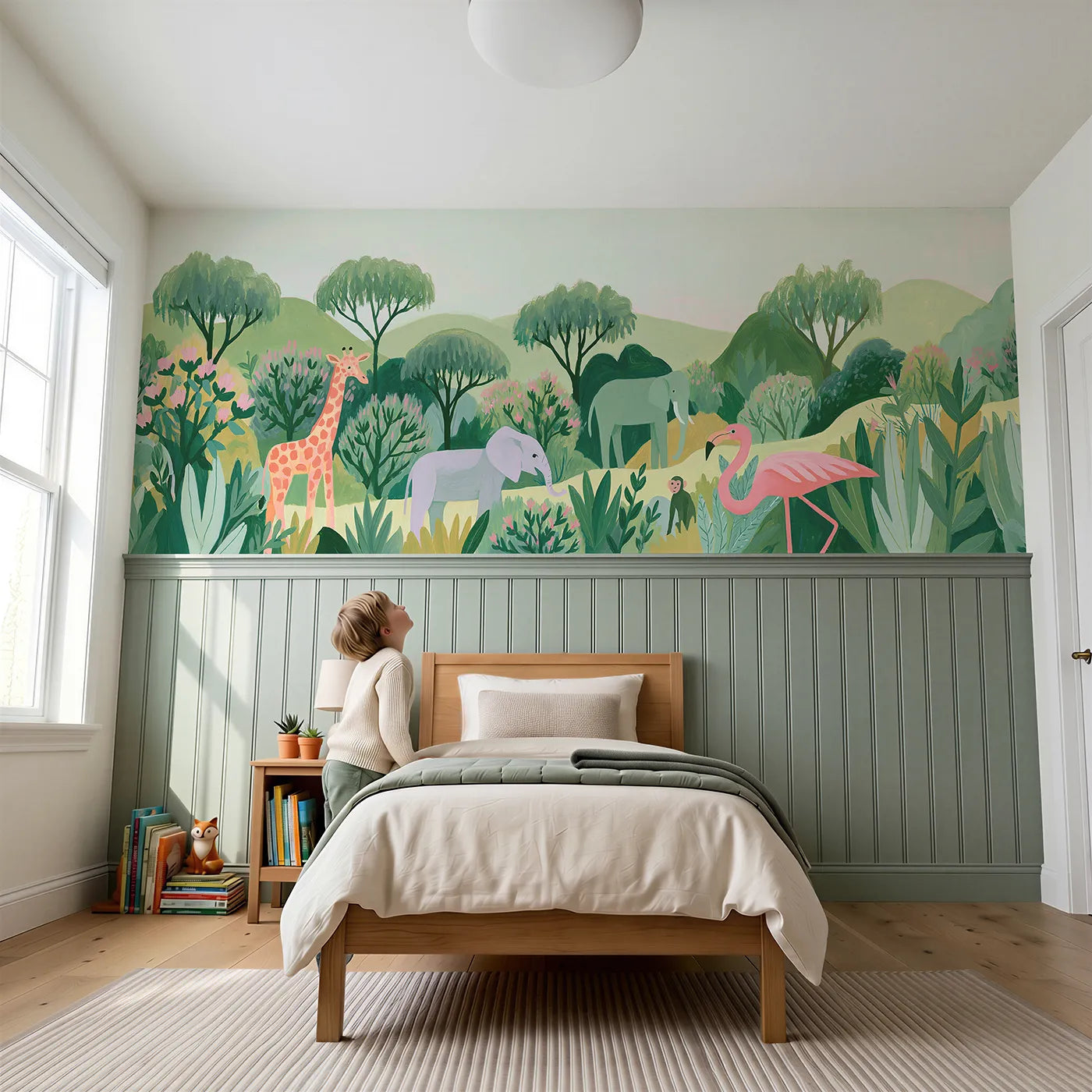 Child reading near Zoo Morning Friends Wainscoting Wallpaper by Whimsy Tots
