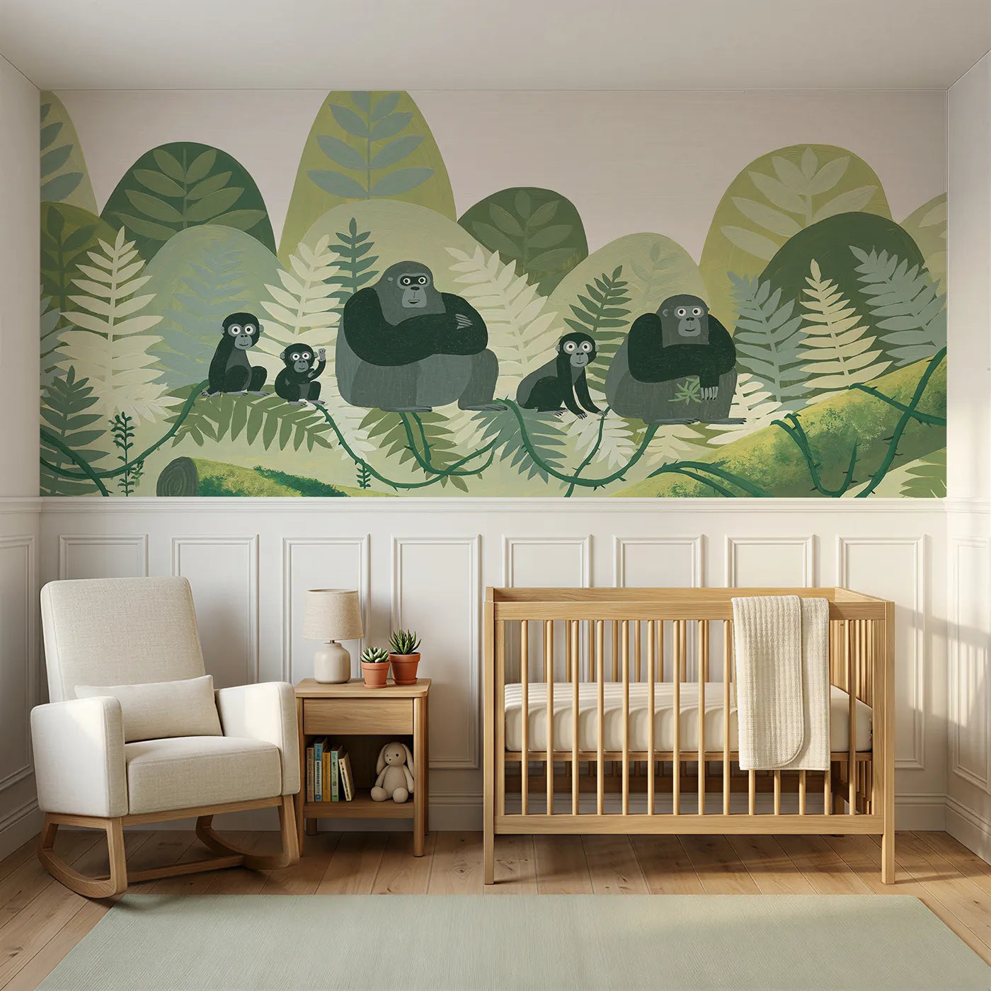 Modern illustration wainscoting wallpaper of a gorilla family among ferns by Whimsy Tots