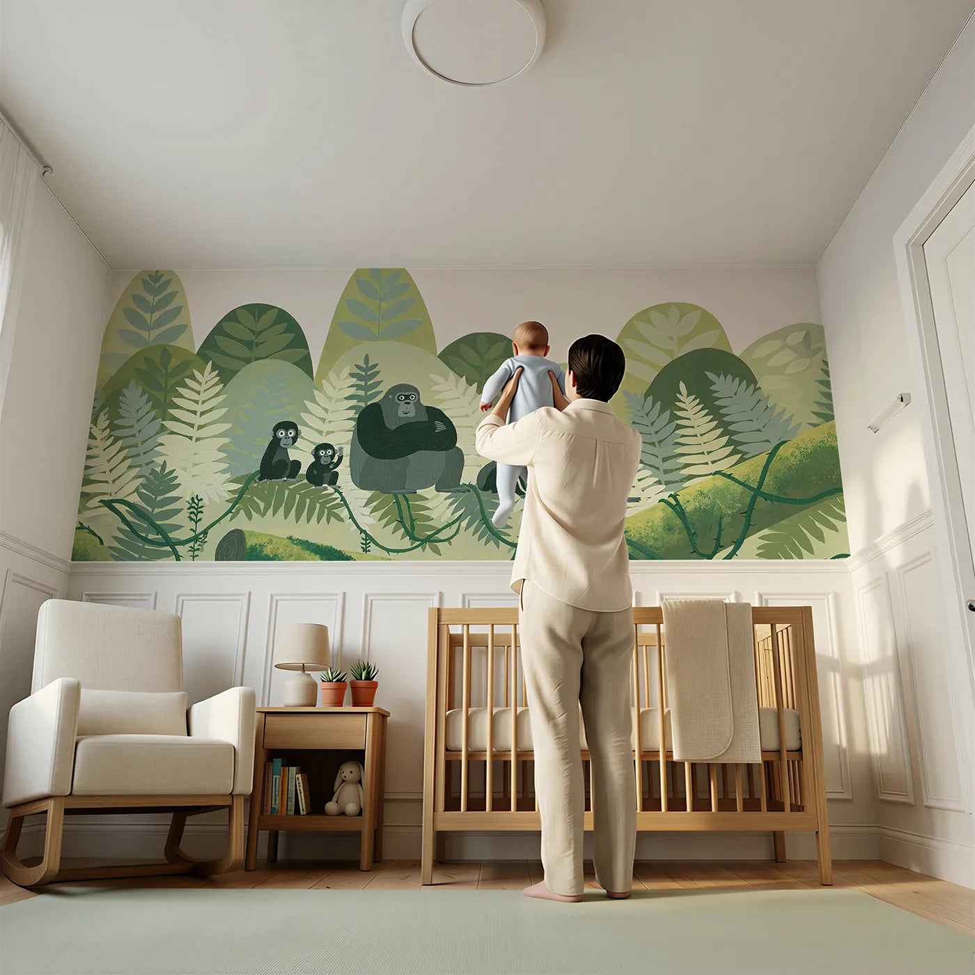 Child reading near Painted Gorilla Family Ferns Wainscoting Wallpaper by Whimsy Tots