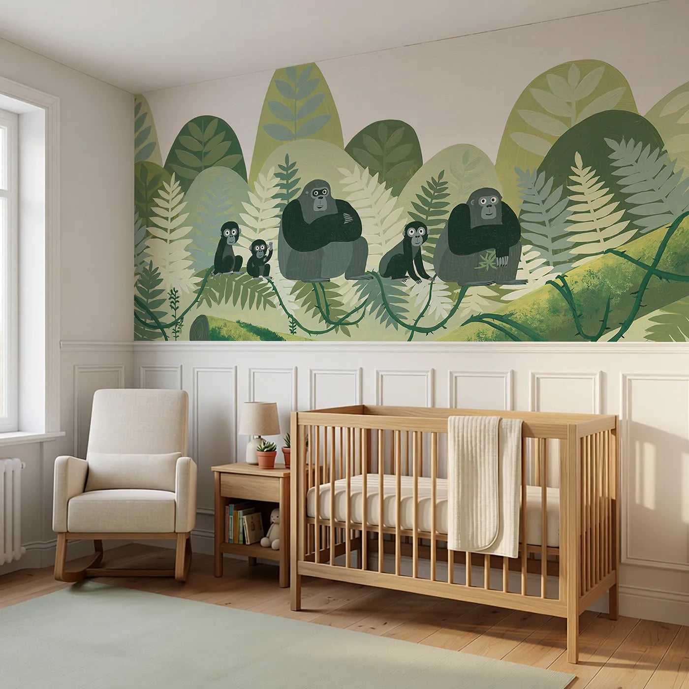 Painted Gorilla Family Ferns Wainscoting Wallpaper styled in a kids room by Whimsy Tots