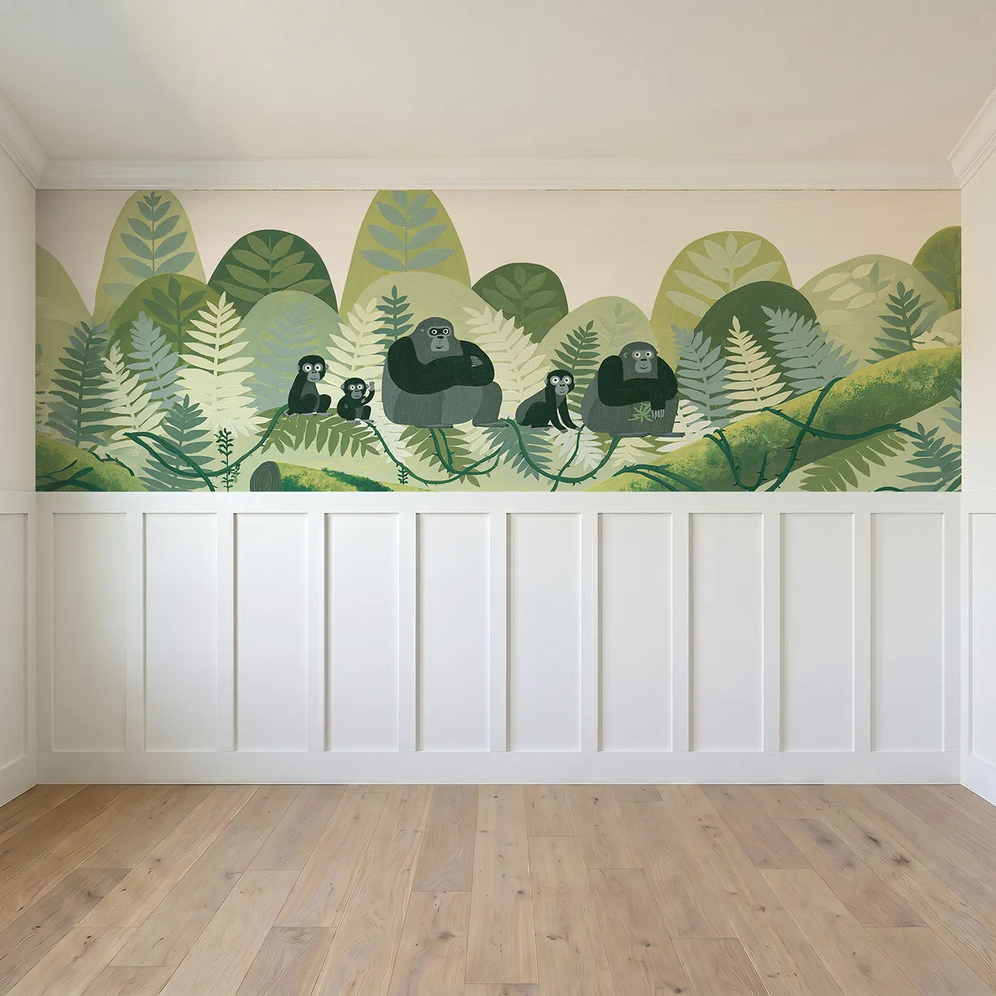 Full panel view of Painted Gorilla Family Ferns Wainscoting Wallpaper by Whimsy Tots