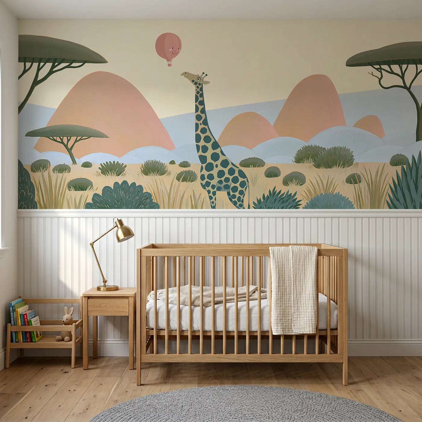 Modern illustration wainscoting wallpaper of a giraffe meeting a balloon by Whimsy Tots