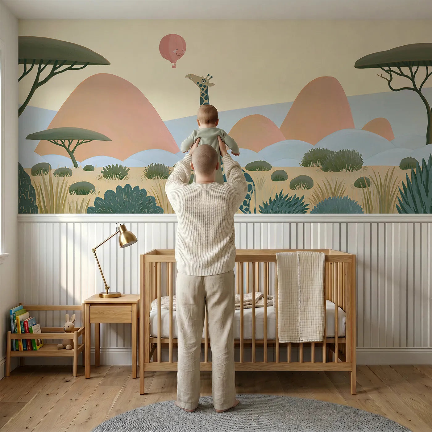 Child reading near Giraffe Balloon Morning Wainscoting Wallpaper by Whimsy Tots