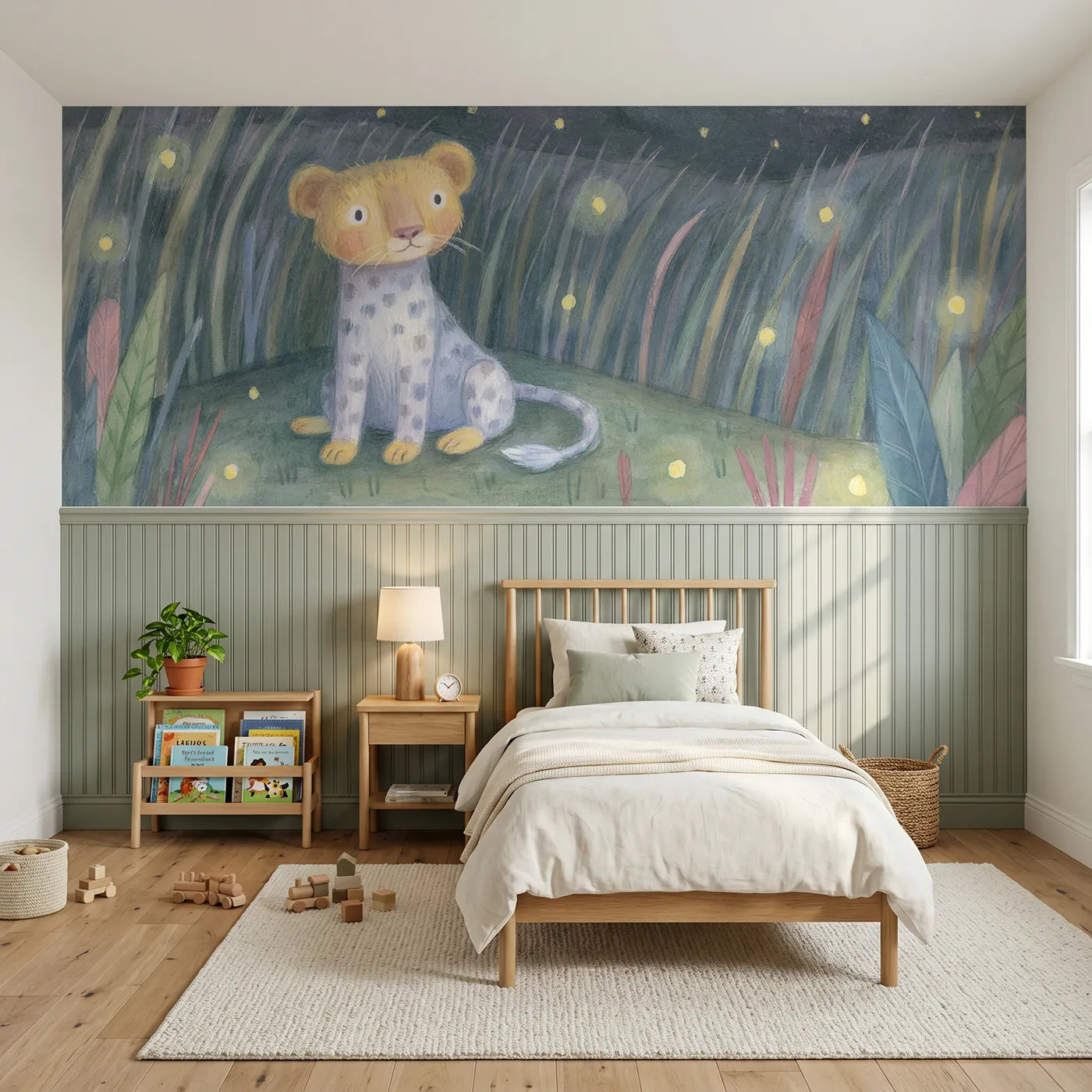 Colored pencil wainscoting wallpaper of a lion cub watching fireflies at dusk by Whimsy Tots