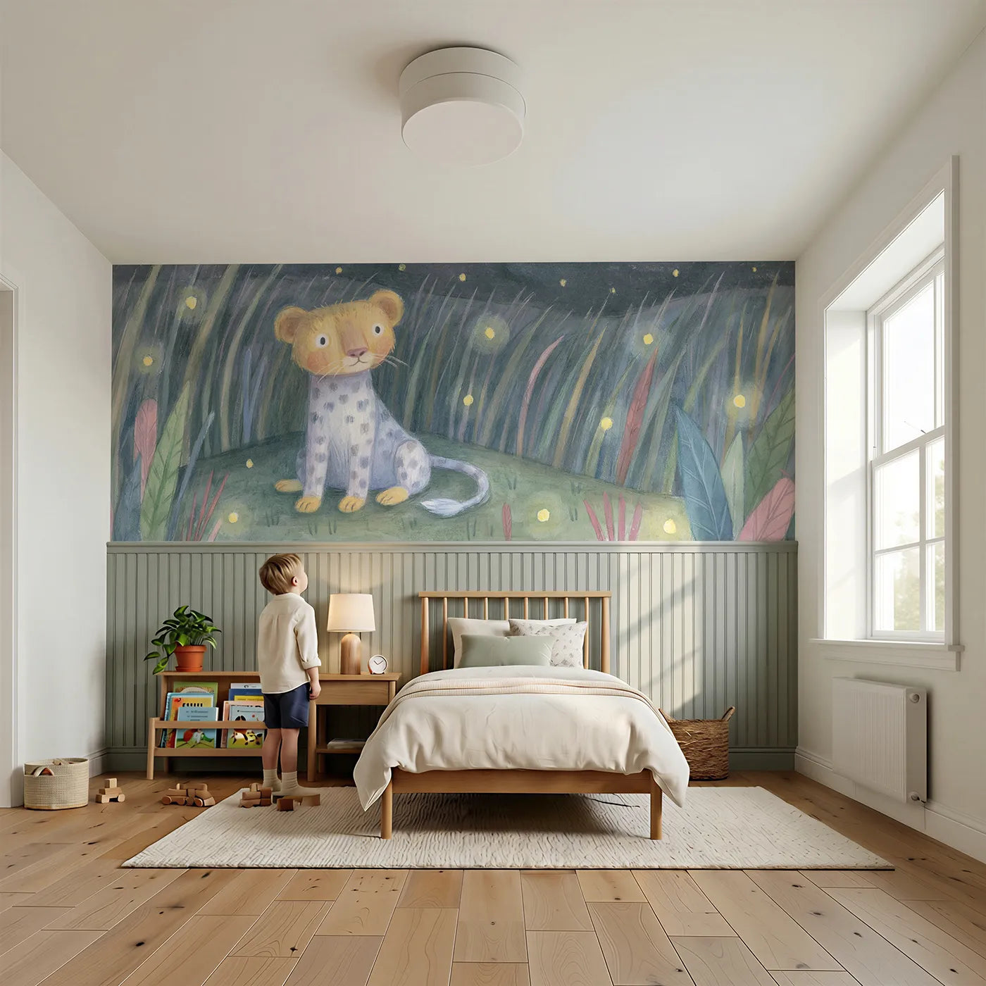 Child reading near Lion Cub Firefly Evening Wainscoting Wallpaper by Whimsy Tots
