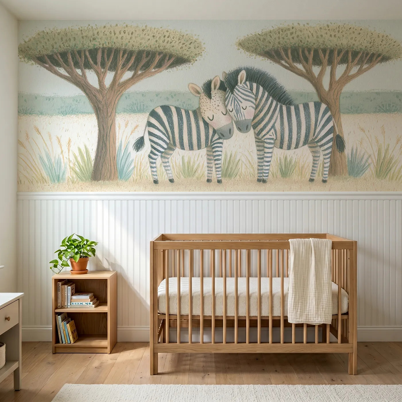 Colored pencil wainscoting wallpaper of zebras dozing in shade for a nursery by Whimsy Tots
