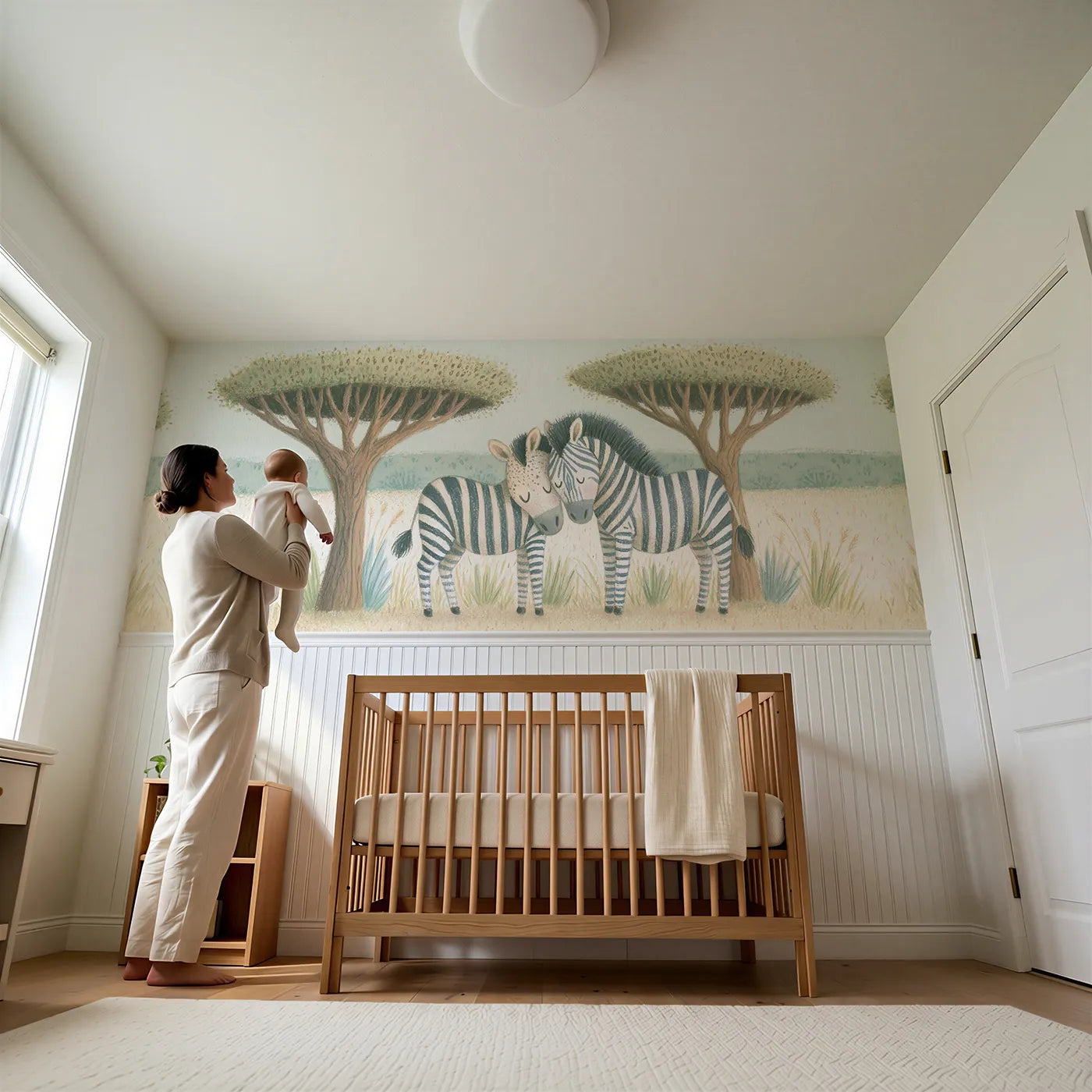 Child reading near Zebra Naptime Shade Wainscoting Wallpaper by Whimsy Tots