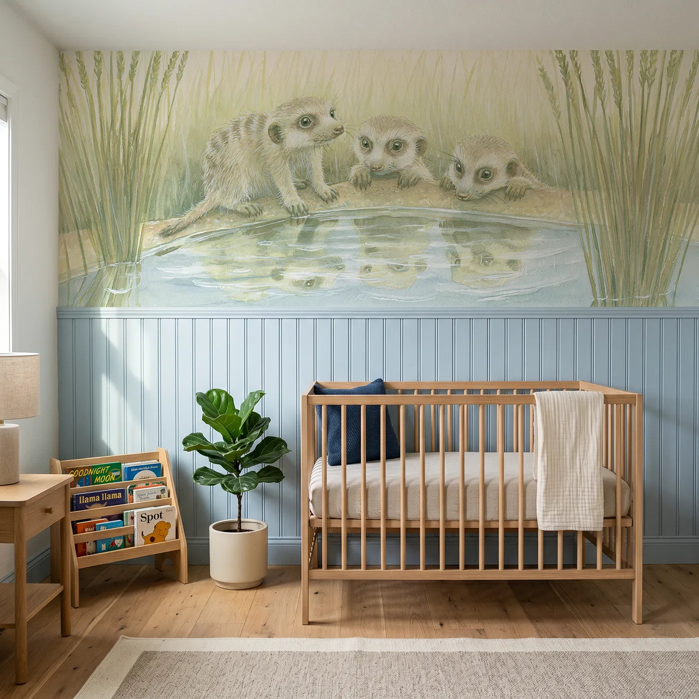 Colored pencil wainscoting wallpaper of meerkat pups at a rain puddle by Whimsy Tots