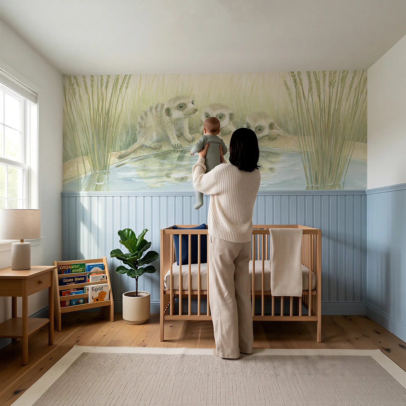 Child reading near Meerkat Pups Rain Puddle Wainscoting Wallpaper by Whimsy Tots