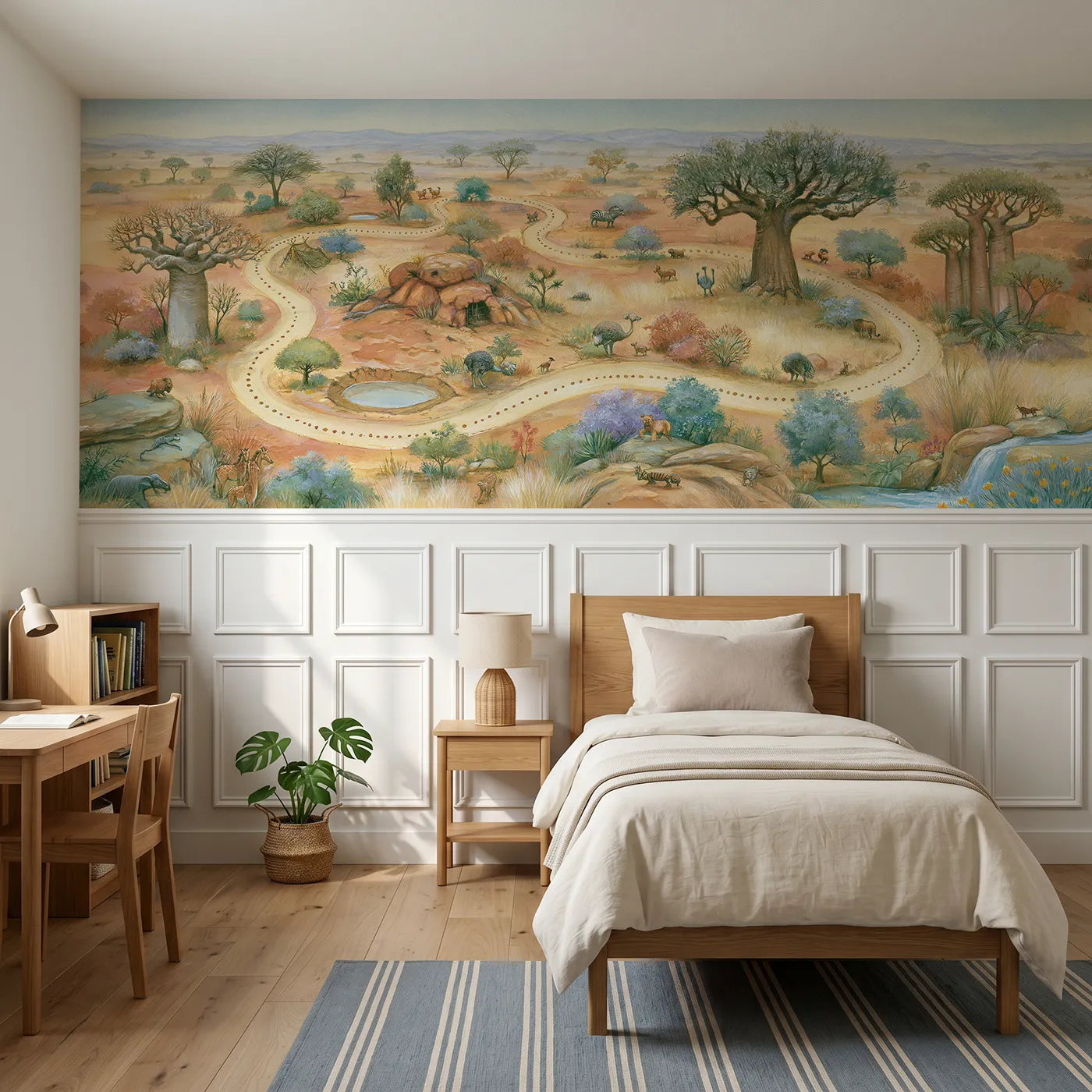 Storybook wainscoting wallpaper of a safari adventure map with a dotted trail by Whimsy Tots