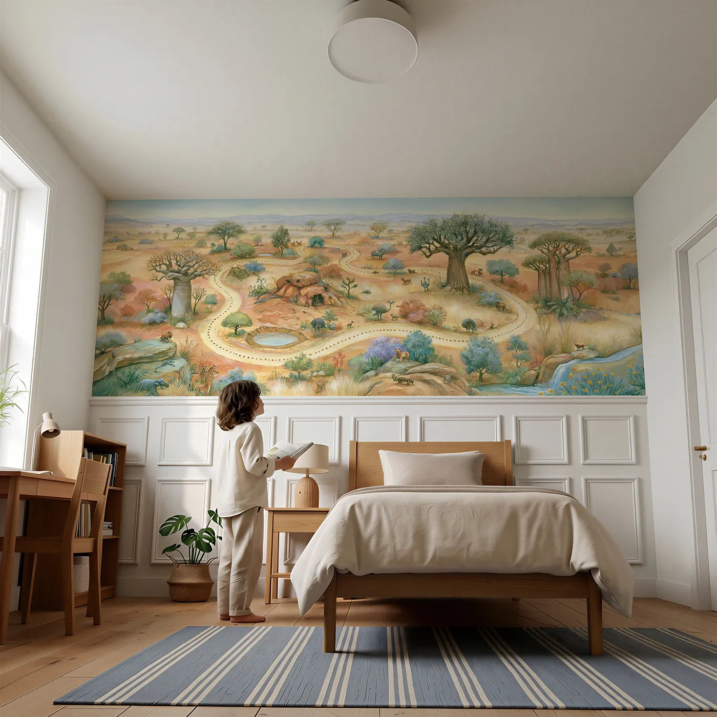 Child reading near Safari Adventure Map Wainscoting Wallpaper by Whimsy Tots