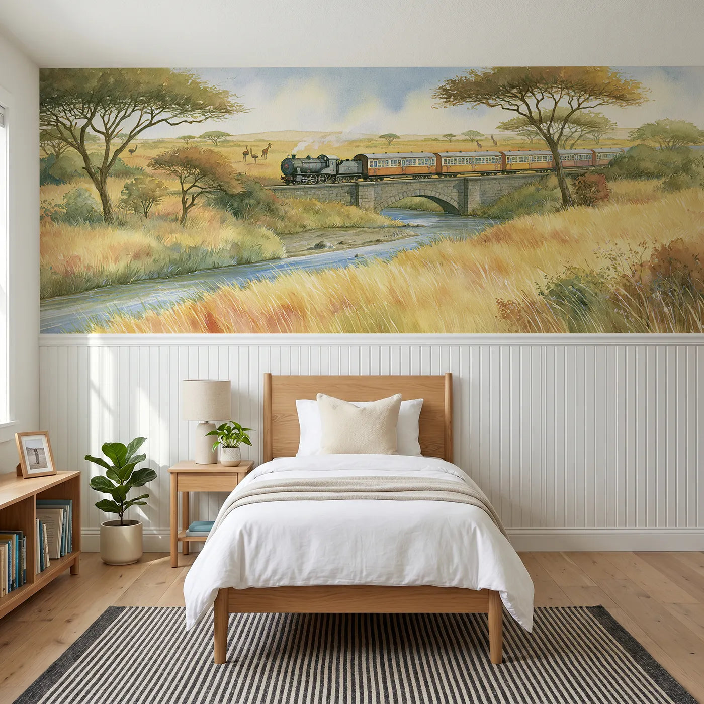 Storybook wainscoting wallpaper of a vintage train crossing a savanna bridge by Whimsy Tots