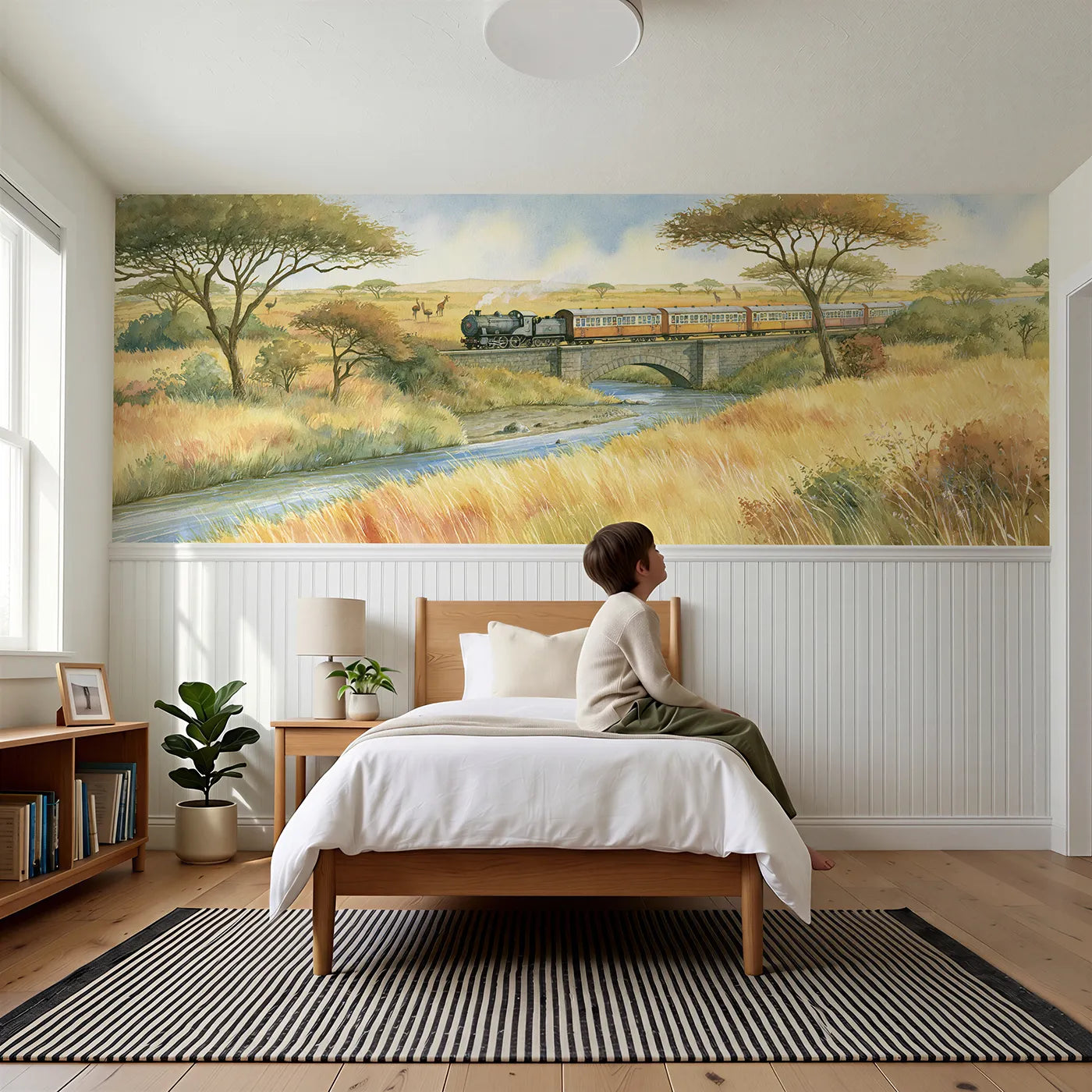 Child reading near Little Safari Train Wainscoting Wallpaper by Whimsy Tots