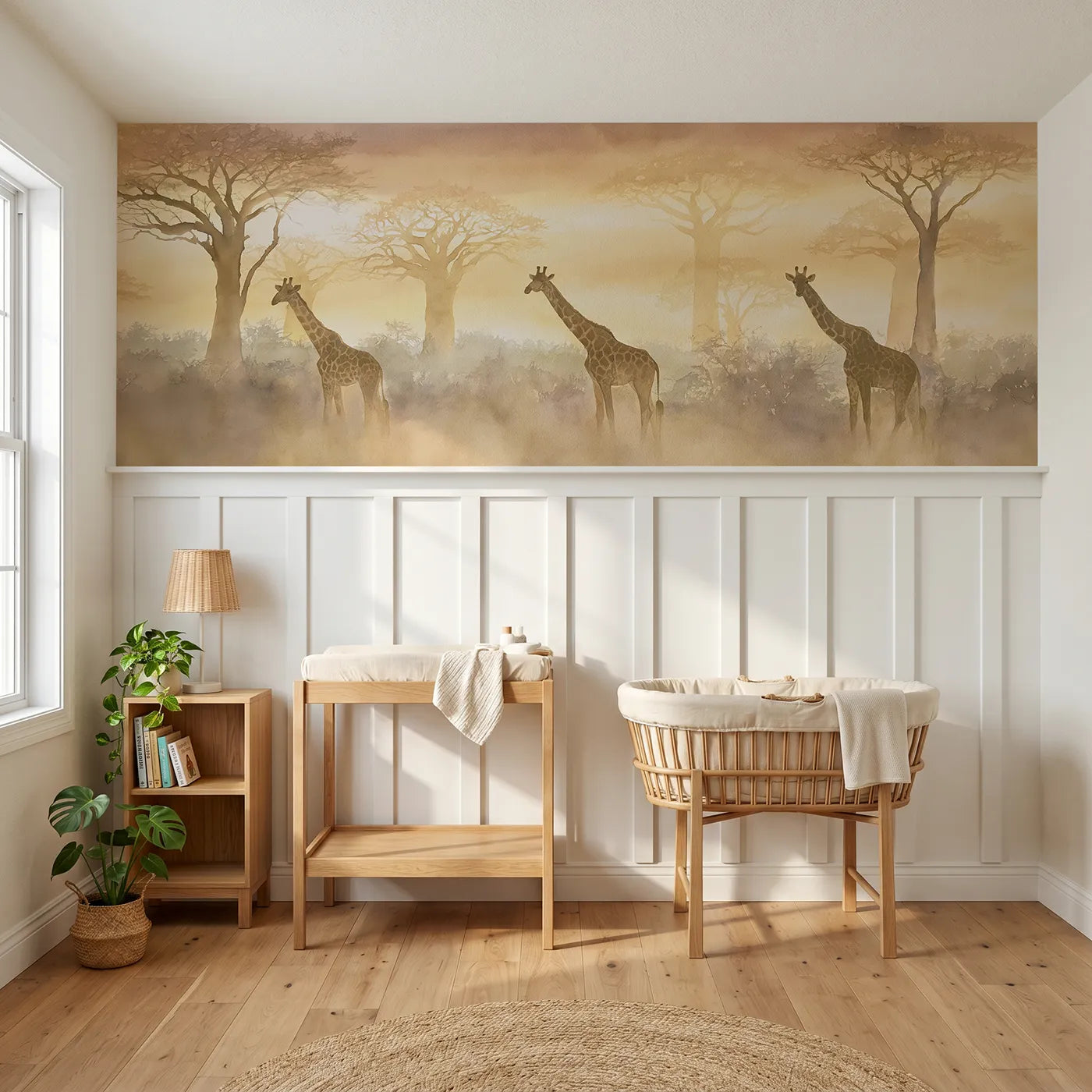 Watercolor wainscoting mural of three giraffes among baobabs at evening for a nursery by Whimsy Tots