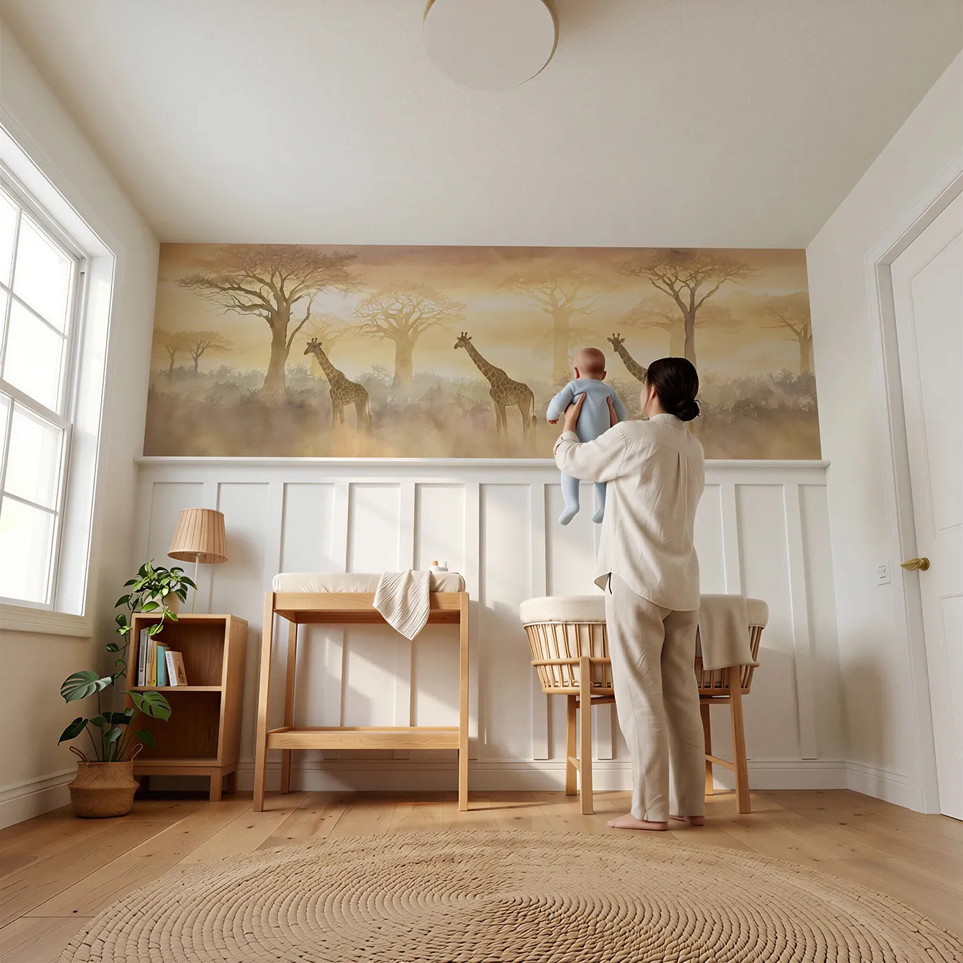 Child reading near Giraffe Trio Baobab Evening Wainscoting Wallpaper by Whimsy Tots