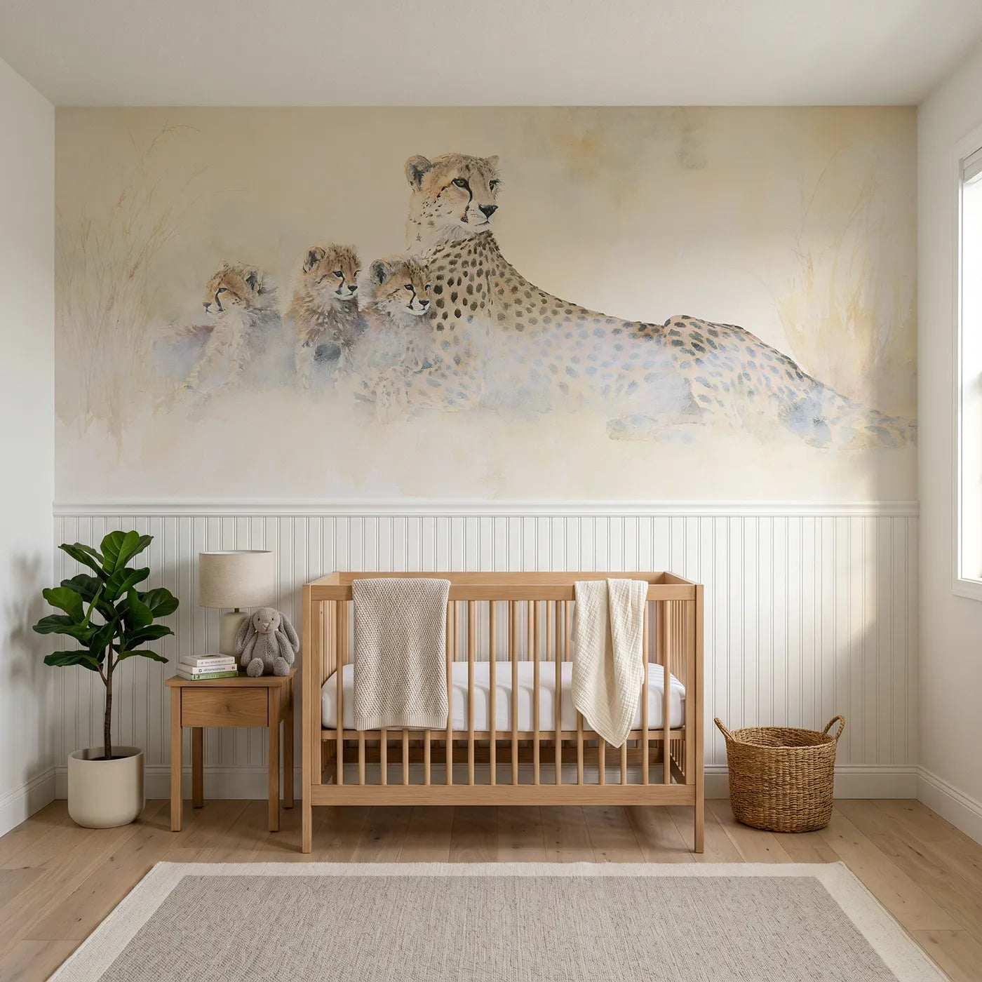 Watercolor wainscoting wallpaper of a cheetah mother and cubs in mist for a nursery by Whimsy Tots