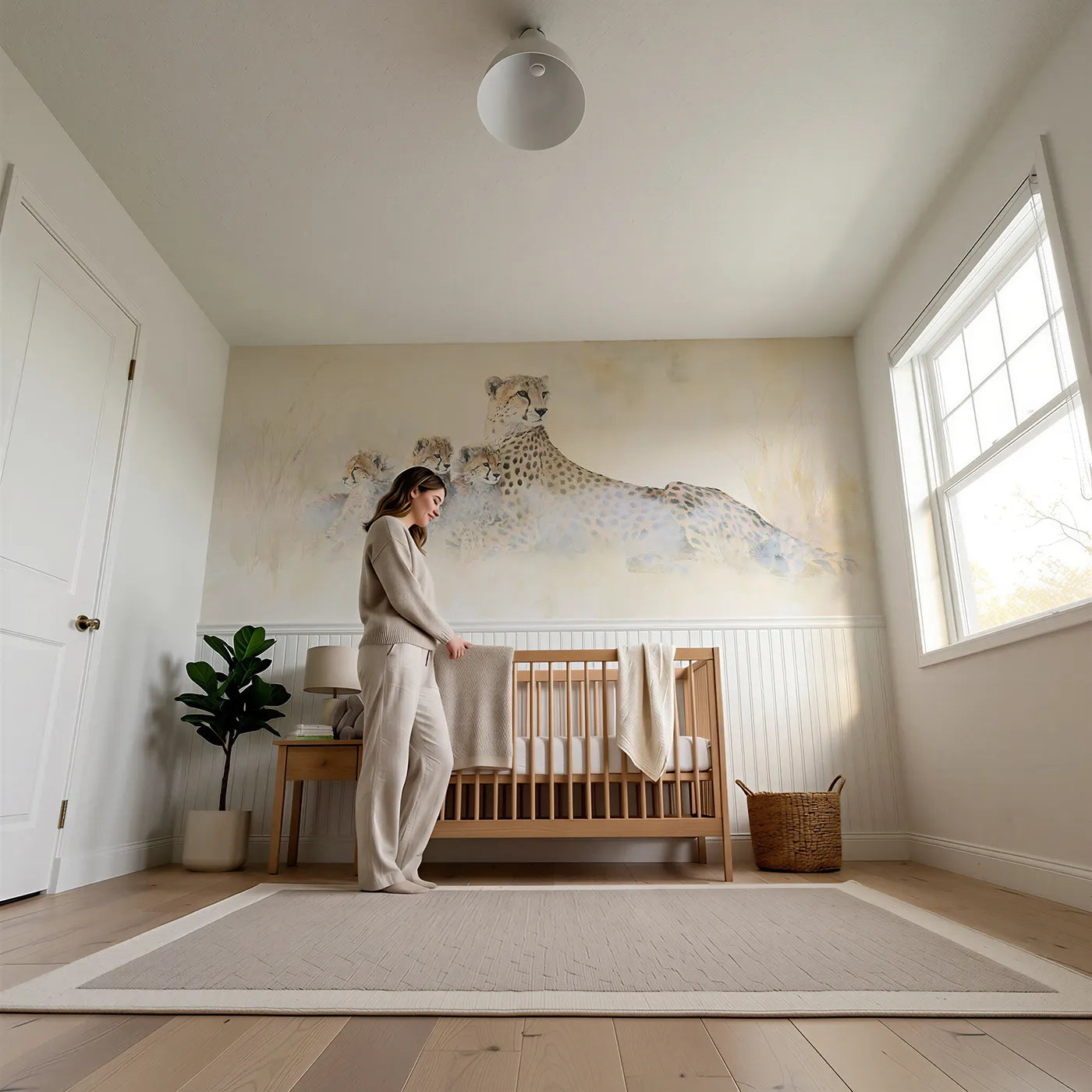 Child reading near Cheetah Family Morning Mist Wainscoting Wallpaper by Whimsy Tots