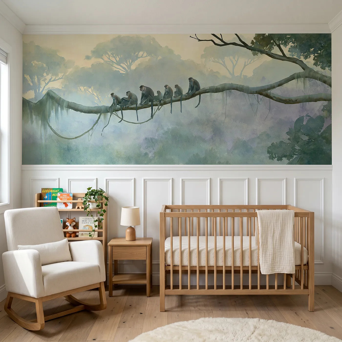 Watercolor wainscoting wallpaper of a monkey troop on a misty branch for kids rooms by Whimsy Tots