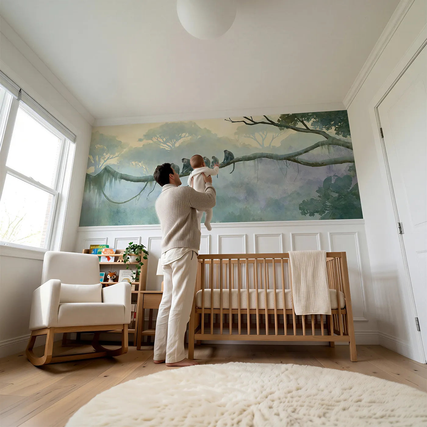 Child reading near Monkey Troop Morning Mist Wainscoting Wallpaper by Whimsy Tots