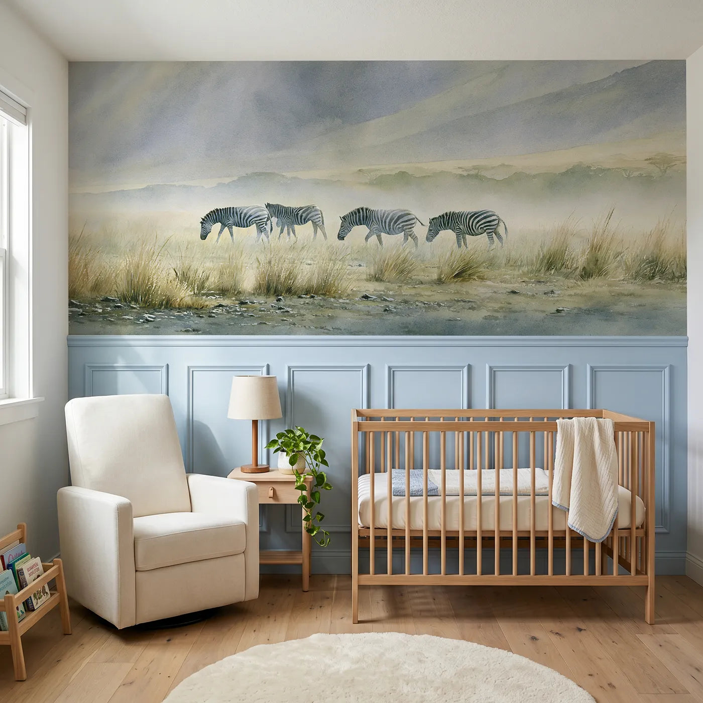 Watercolor wainscoting wallpaper of zebras grazing a misty valley for a bedroom by Whimsy Tots