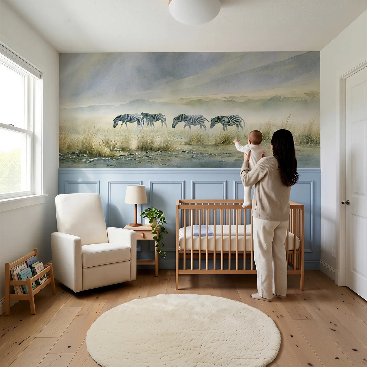 Child reading near Zebra Valley After Rain Wainscoting Wallpaper by Whimsy Tots