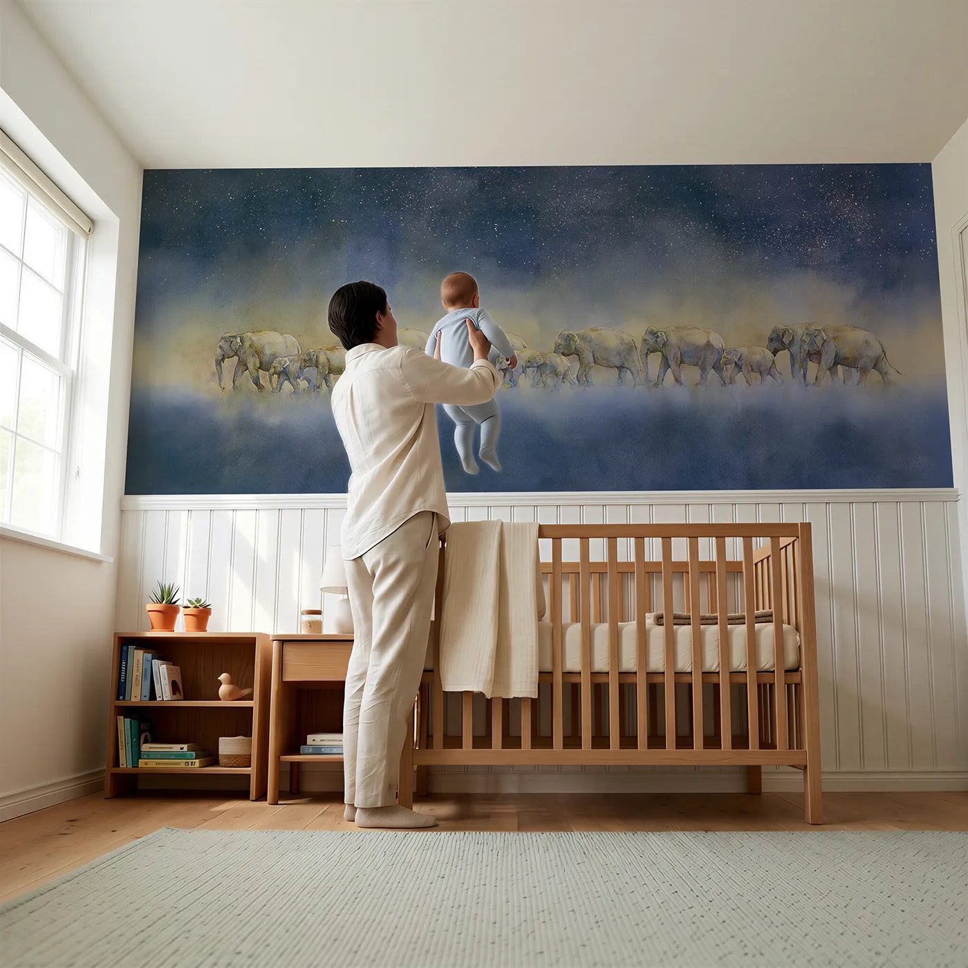 Child reading near Elephant Herd Under Stars Wainscoting Wallpaper by Whimsy Tots