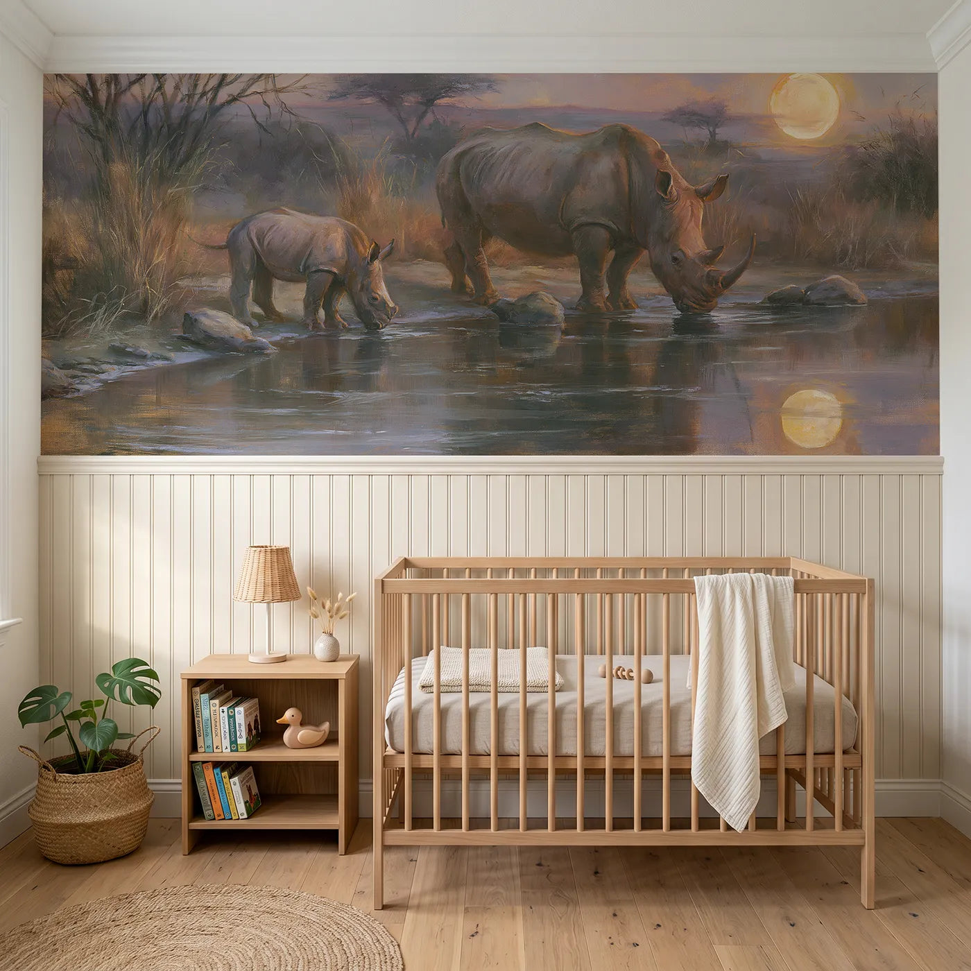 Watercolor wainscoting mural of rhinos drinking at a moonlit watering hole by Whimsy Tots