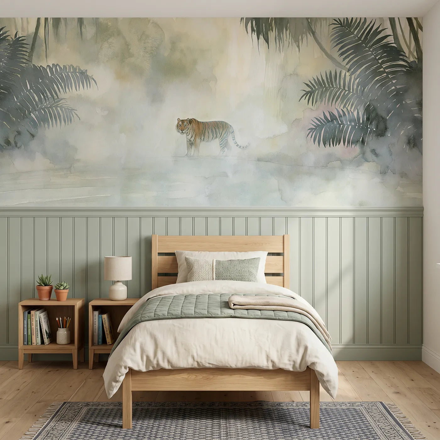 Watercolor wainscoting wallpaper of a tiger by a misty waterfall for big-kid rooms by Whimsy Tots