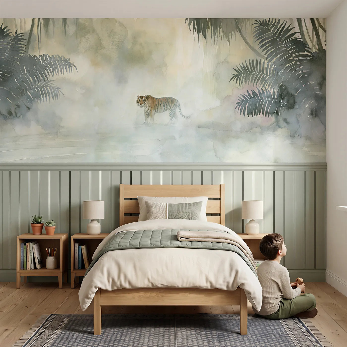 Child reading near Tiger Misty Waterfall Pool Wainscoting Wallpaper by Whimsy Tots