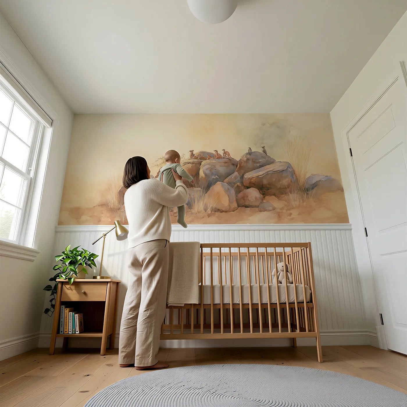 Child reading near Kopje Morning Gathering Wainscoting Wallpaper by Whimsy Tots
