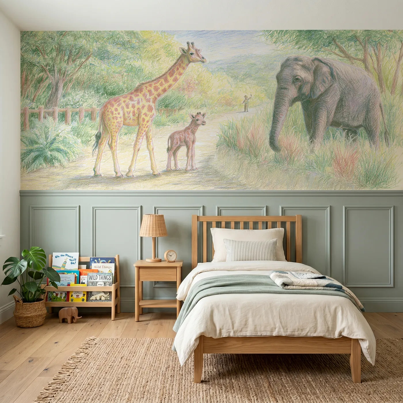 Colored pencil wainscoting wallpaper of a zoo day giraffe and elephant calf by Whimsy Tots