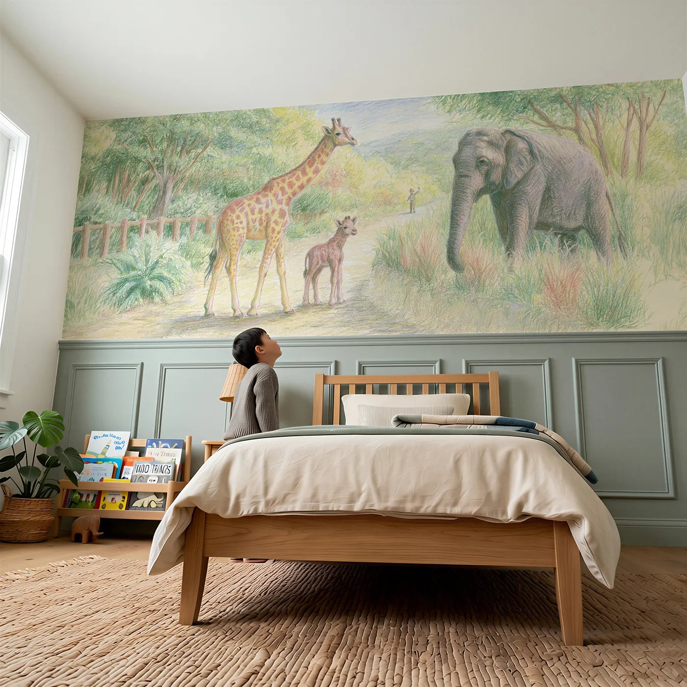 Child reading near Zoo Day Gentle Giants Wainscoting Wallpaper by Whimsy Tots