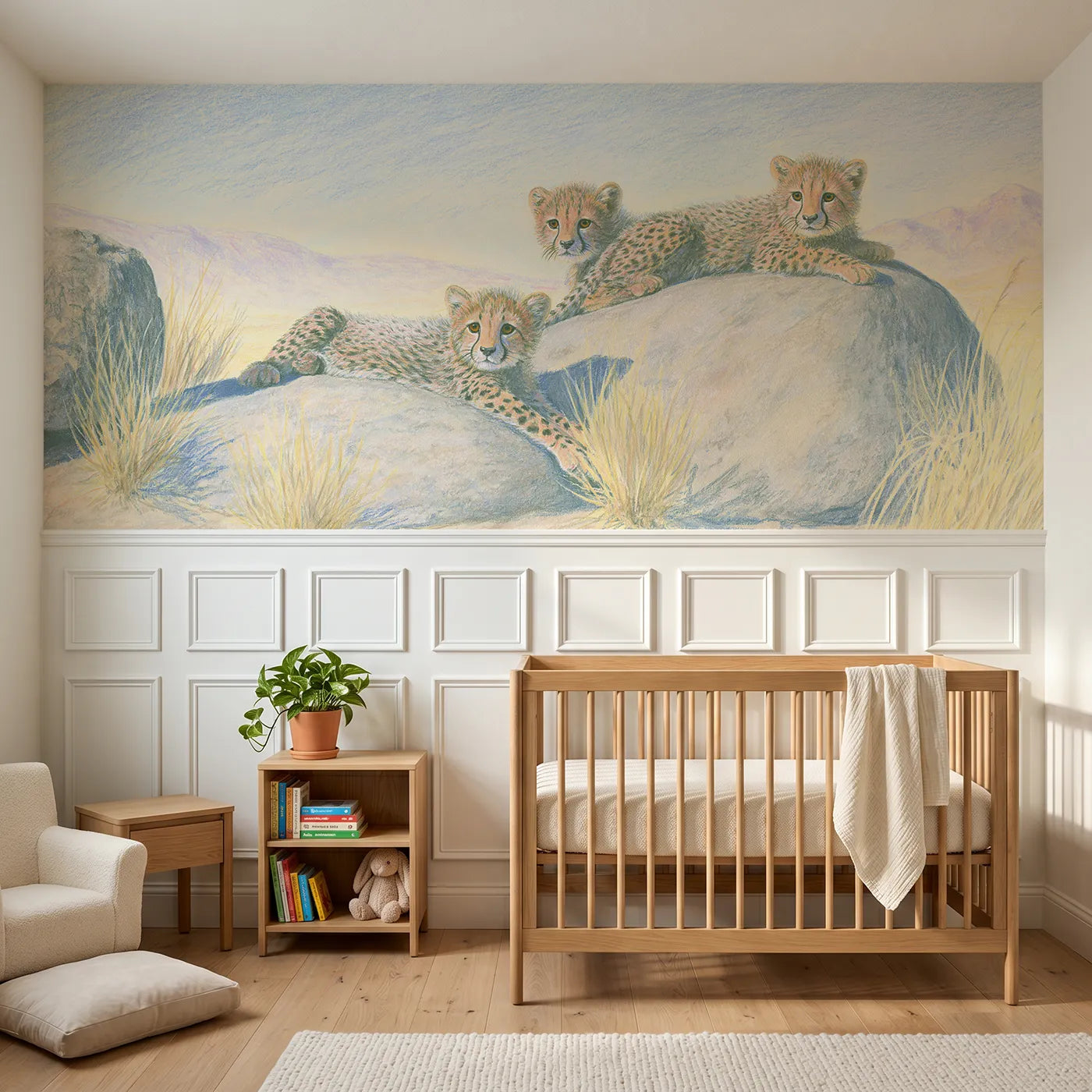 Colored pencil wainscoting wallpaper of cheetah cubs playing on rocks for playrooms by Whimsy Tots